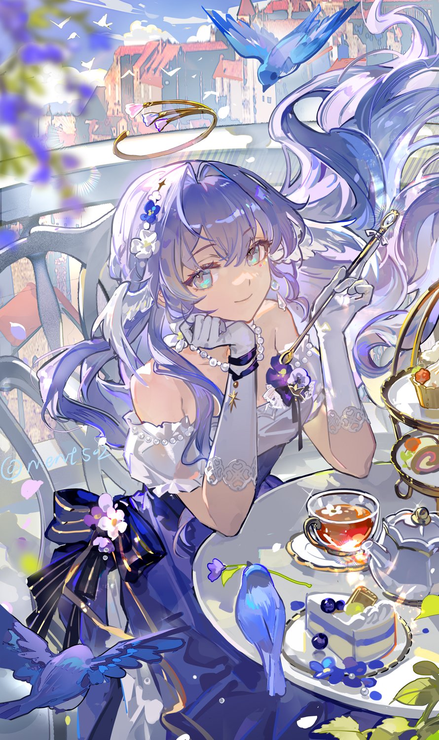 mento, robin (honkai: star rail), honkai: star rail, honkai (series), highres, 1girl, alternate costume, aqua eyes, bird, black bow, blue bird, bow, cake, cake slice, closed mouth, cup, dress, earrings, face jewel, floating hair, food, gloves, halo, head wings, holding, jewel under eye, jewelry, long hair, looking at viewer, necklace, purple dress, purple hair, sitting, smile, solo, teacup, teapot, twitter username, very long hair, white gloves, wings