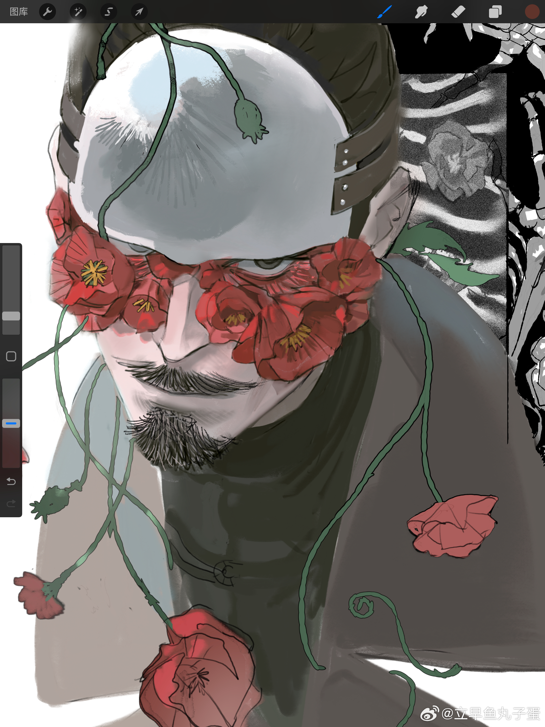 blue octopus12, tsurumi tokushirou, golden kamuy, absurdres, highres, 1boy, art program in frame, black eyes, black hair, camellia, closed mouth, facial hair, flower, goatee, looking at viewer, male focus, mask, mustache, plant, red flower, scar, scar on face, short hair, solo, vines