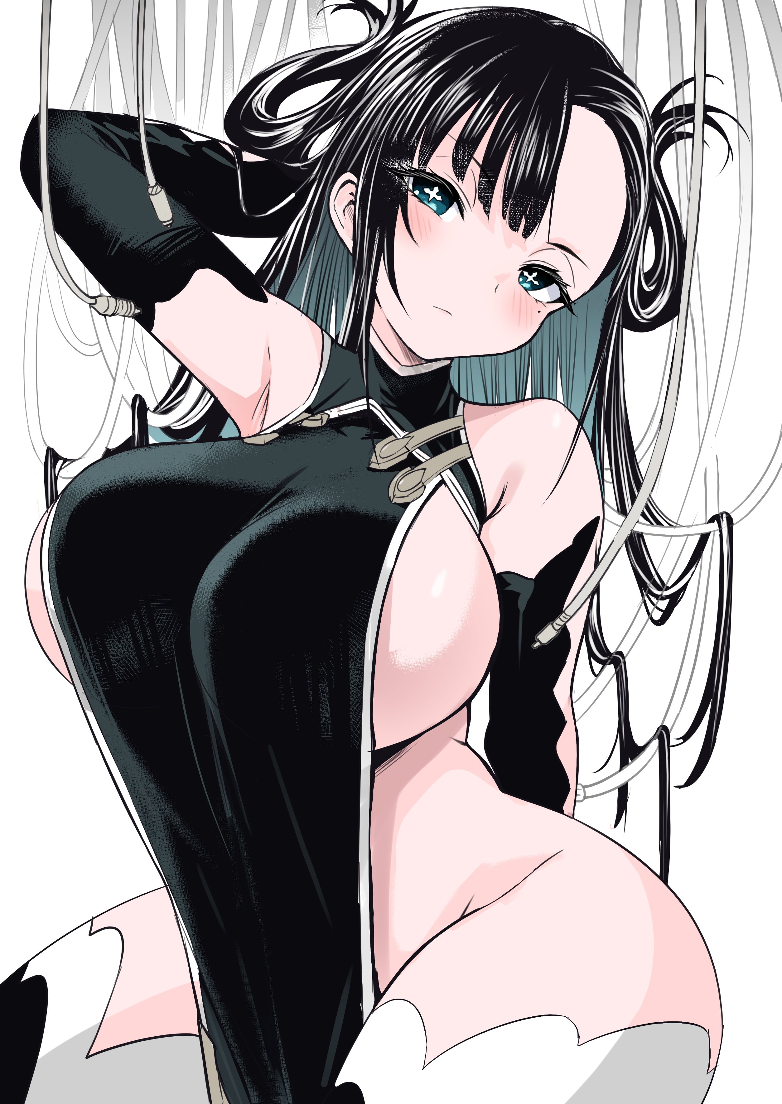p answer, kuniruri natsuki, nue no onmyouji, absurdres, highres, + +, 1girl, bare shoulders, black hair, blush, breasts, elbow gloves, gloves, hair rings, huge breasts, long hair, naked tabard, sideboob, simple background, solo, tabard, thick thighs, thighhighs, thighs