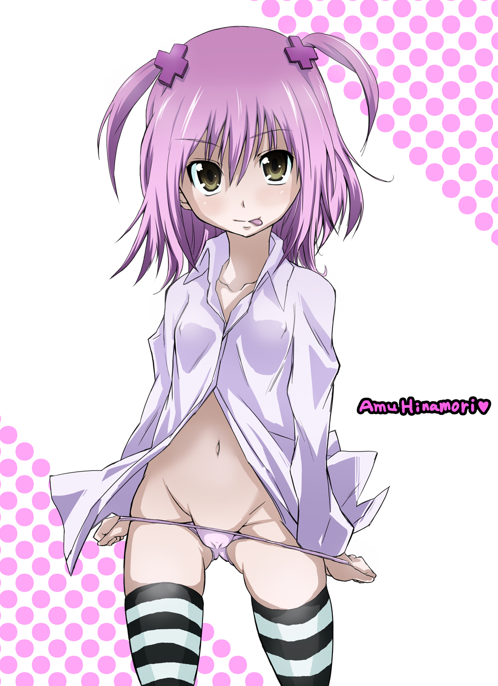 toru k, hinamori amu, shugo chara!, striped, bad id, bad pixiv id, highres, 1girl, :p, dress shirt, female focus, flat chest, groin, hair ornament, hairclip, lowleg, lowleg panties, navel, panties, panty pull, pink hair, shirt, short twintails, solo, thighhighs, tongue, tongue out, twintails, two side up, underwear, yellow eyes