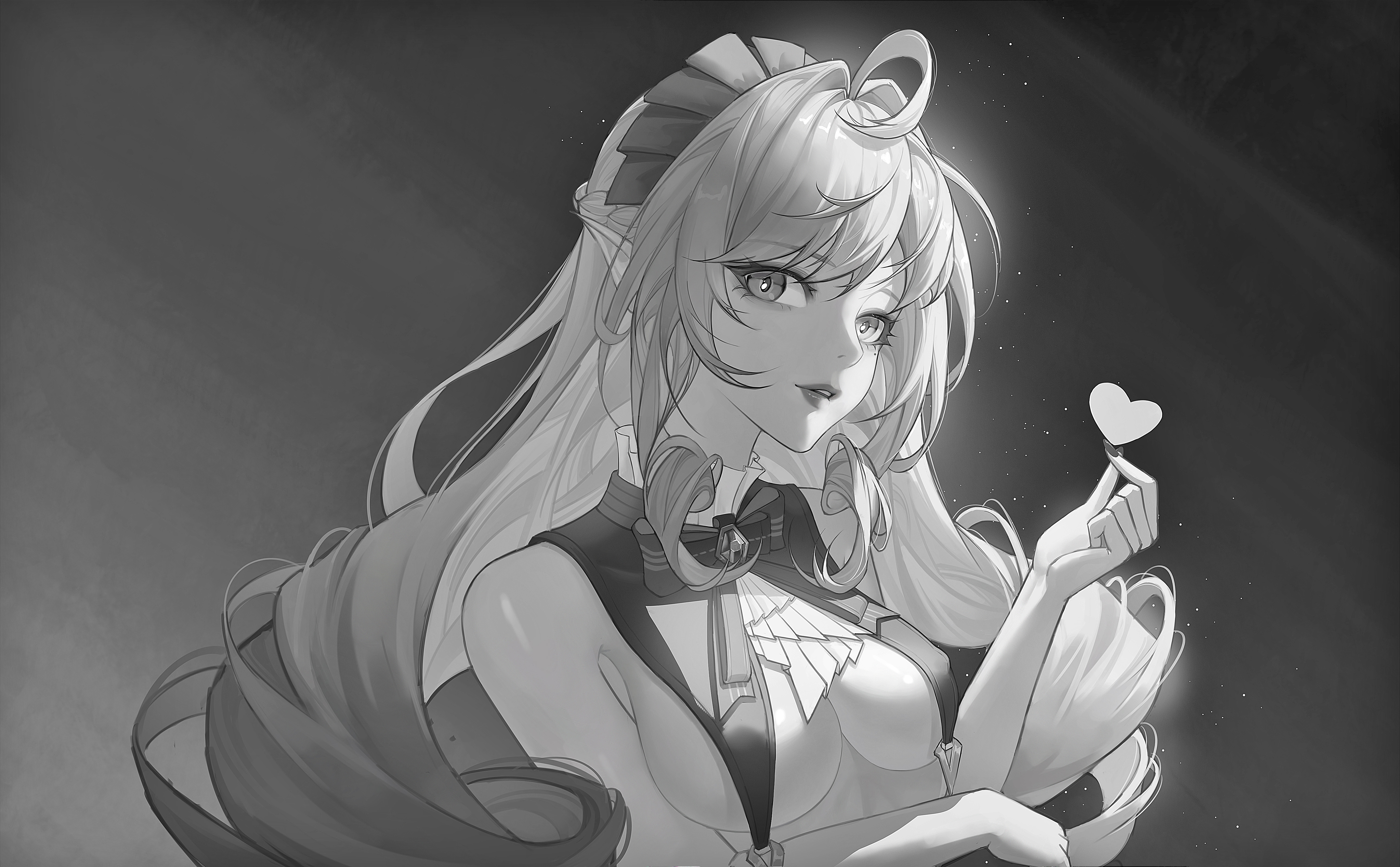 libai1839459, vivian banshee, zenless zone zero, absurdres, commentary, highres, 1girl, ahoge, ascot, bow, bowtie, breast curtains, breasts, fingernails, hair intakes, headdress, heart, long hair, looking at viewer, medium breasts, nail polish, nude, parted lips, pointy ears, sidelocks, solo, upper body