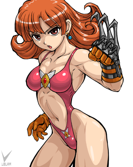 usura, alena (dq4), chunsoft, dragon quest, dragon quest iv, enix, 1girl, angry, breasts, claws, earrings, female focus, gloves, highleg, highleg leotard, jewelry, leotard, midriff, muscular, navel, open mouth, orange hair, pink leotard (dq), red eyes, red hair, solo, swimsuit
