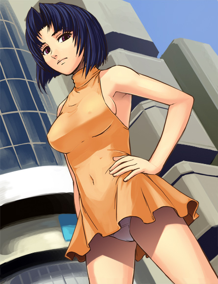 haruyama kazunori, asou kanna, run=dim, 00s, 1girl, armpits, bare shoulders, blue hair, breasts, covered erect nipples, dress, dutch angle, female focus, halterneck, hand on own hip, hands on own hips, hip focus, medium breasts, panties, pantyshot, purple eyes, short hair, sideboob, solo, turtleneck, underwear, upskirt