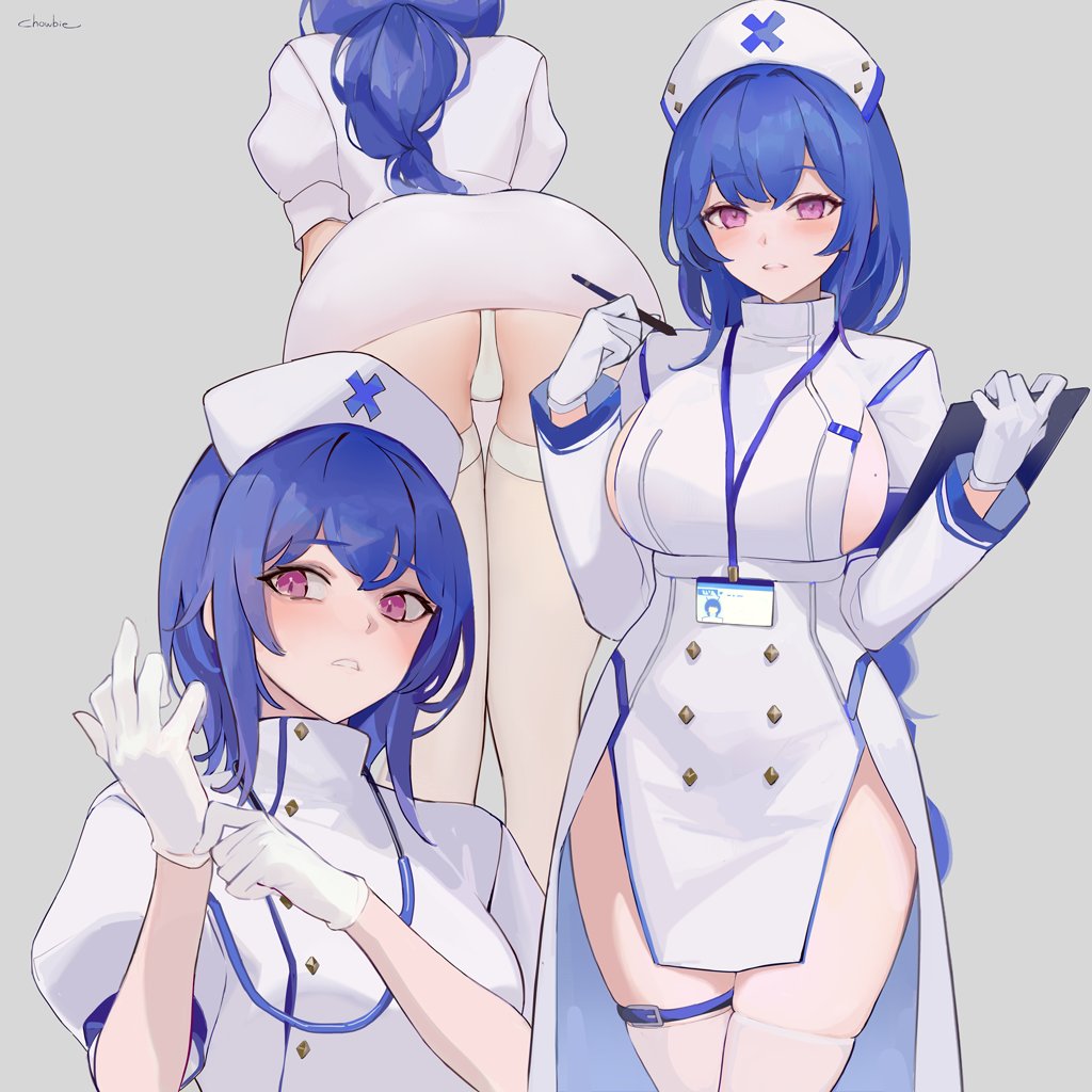 chowbie, original, commentary, english commentary, 1girl, ass, blue hair, braid, breasts, clipboard, from behind, grey background, hat, holding, holding clipboard, holding pen, id card, lanyard, large breasts, leaning forward, long hair, long sleeves, looking at viewer, multiple views, nurse cap, panties, pen, puffy short sleeves, puffy sleeves, purple eyes, short sleeves, sideboob, simple background, single braid, skindentation, thigh strap, thighhighs, underwear, white panties, white thighhighs