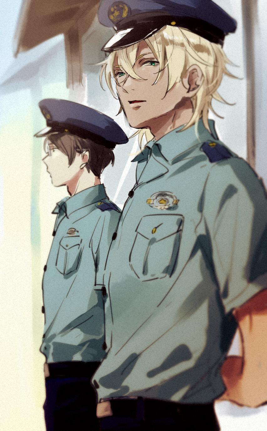 akutsu mabu, niiboshi reo, sarazanmai, commentary request, highres, 2boys, arms behind back, black pants, blonde hair, blue shirt, brown hair, collared shirt, from side, glasses, hat, male focus, multiple boys, outdoors, pants, parted lips, police, police hat, police uniform, shaaark rotta03, shirt, short hair