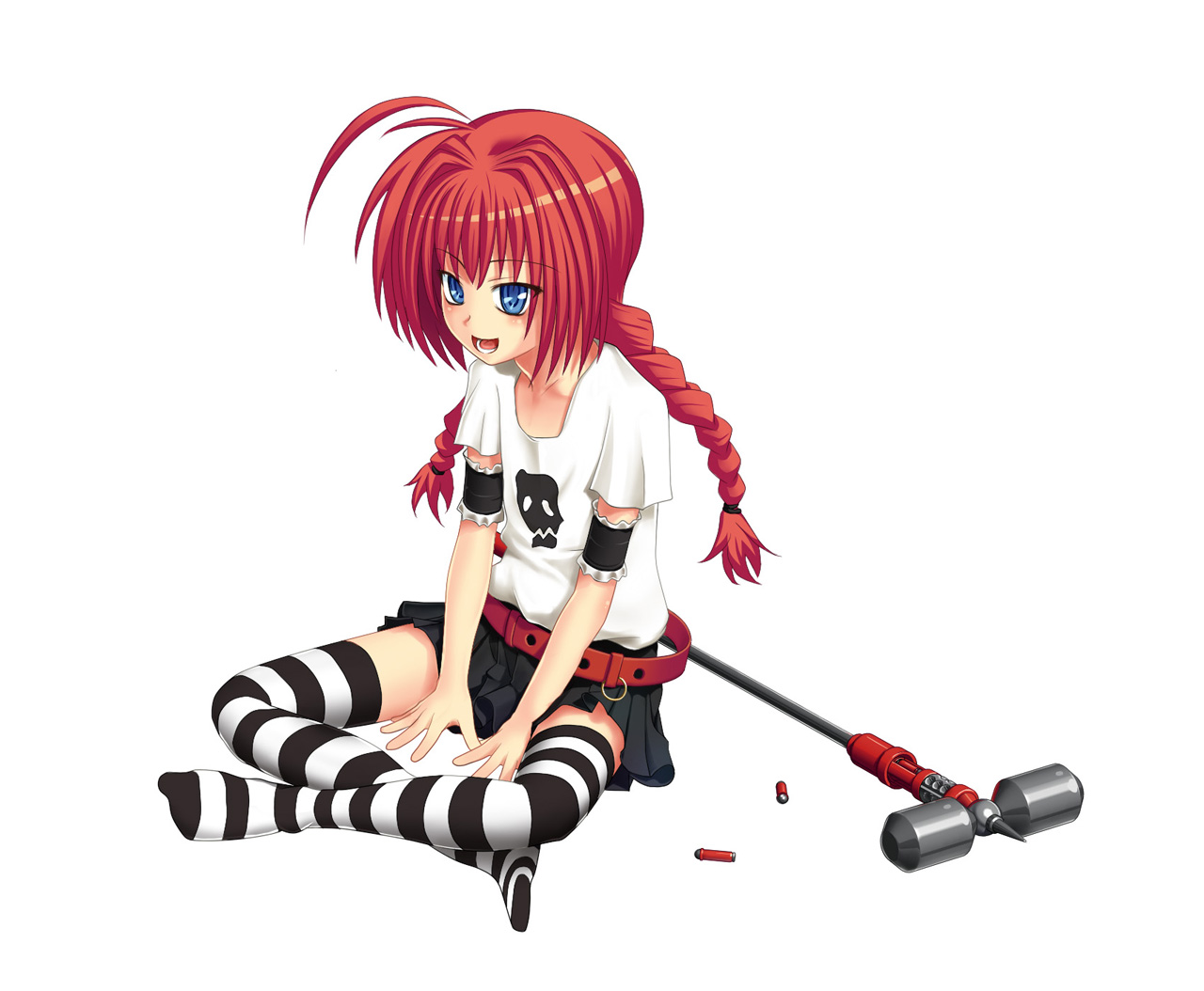 renm, graf eisen, vita (nanoha), lyrical nanoha, mahou shoujo lyrical nanoha, mahou shoujo lyrical nanoha a's, bad id, bad pixiv id, 00s, 1girl, ahoge, armband, belt, blue eyes, braid, child, female focus, flat chest, red hair, shirt, smile, solo, striped clothes, striped thighhighs, t-shirt, thighhighs, twin braids, zettai ryouiki