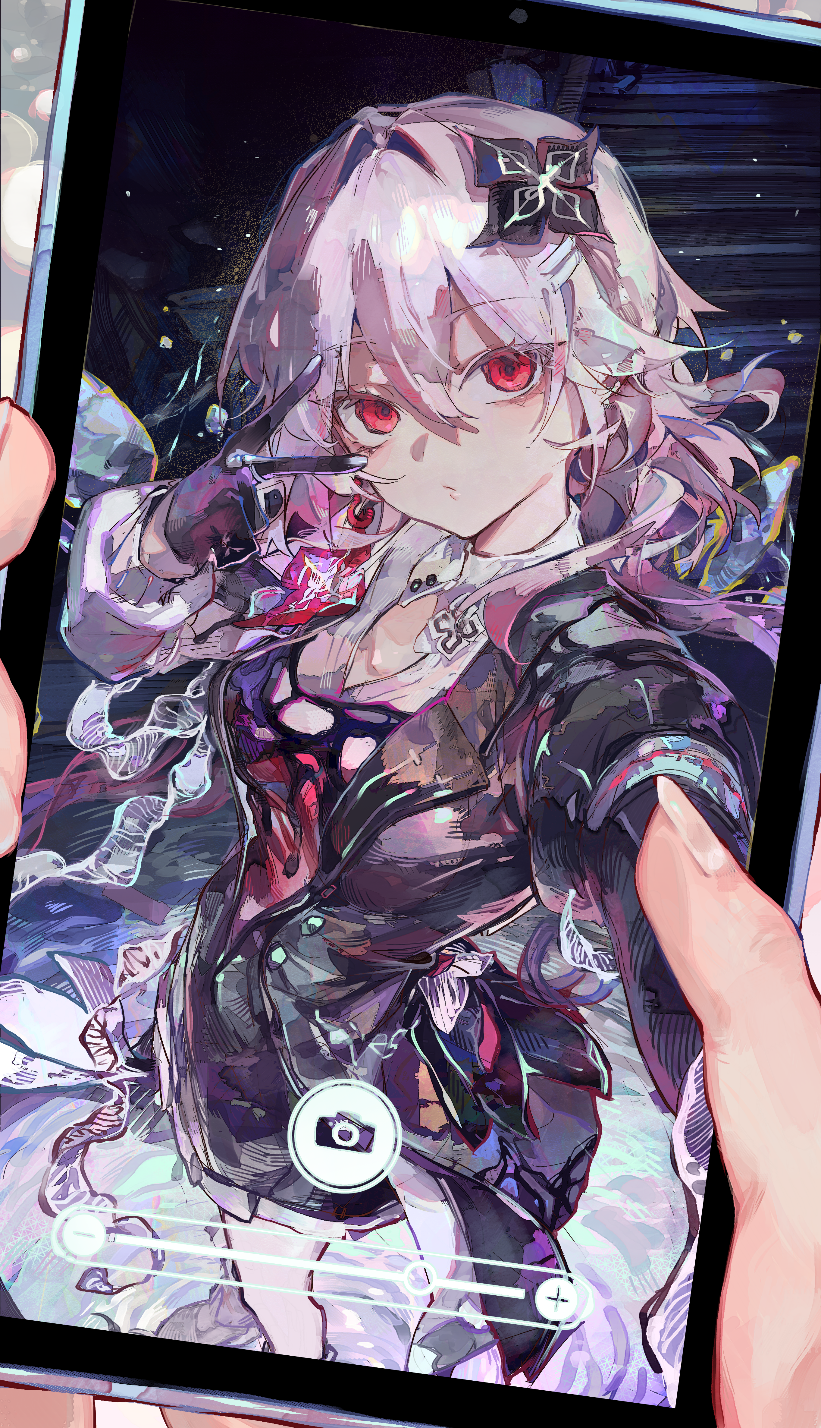 cocoballking, evernight (honkai: star rail), march 7th (honkai: star rail), honkai: star rail, honkai (series), absurdres, commentary request, highres, 1girl, black flower, black gloves, cellphone, closed mouth, dress, flower, gloves, hair between eyes, hair ornament, hand up, holding, holding phone, long hair, long sleeves, official alternate costume, official alternate eye color, official alternate hair length, official alternate hairstyle, phone, pink hair, red eyes, smartphone, v