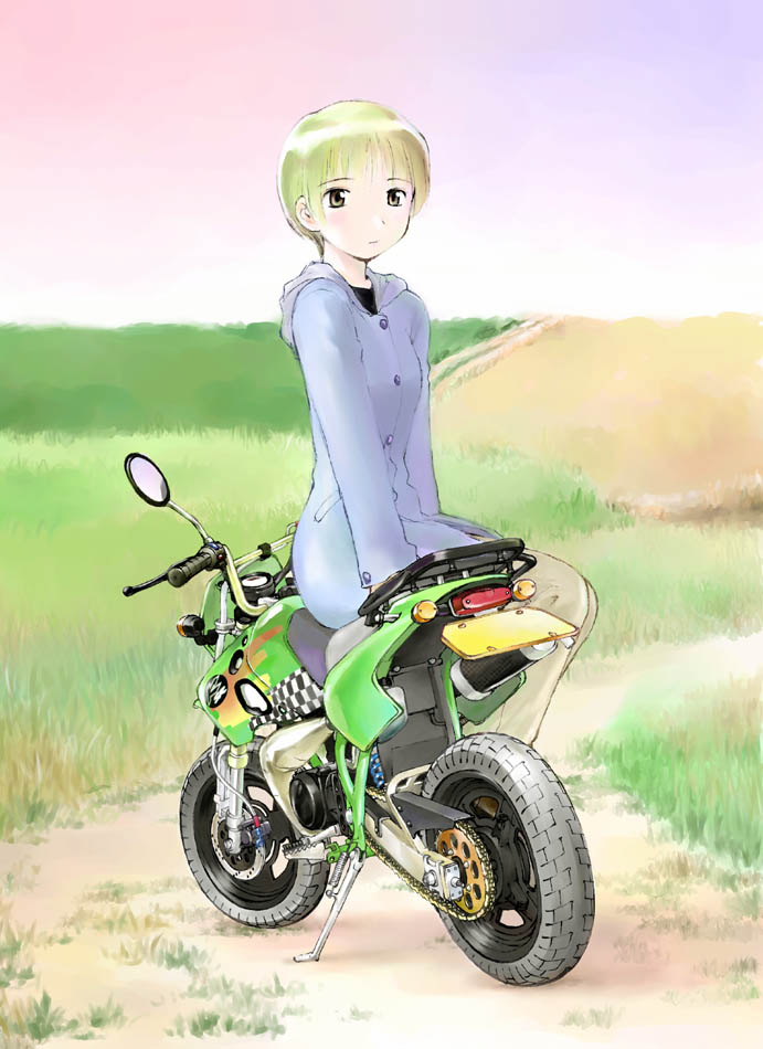 yoshizuki kumichi, vehicle, 1girl, female focus, field, hood, hoodie, motor vehicle, motorcycle, solo