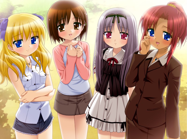 4girls, blush, bow, casual, dress, formal clothes, jewelry, multiple girls, necklace, pencil skirt, raglan sleeves, shorts, skirt, skirt suit, suit