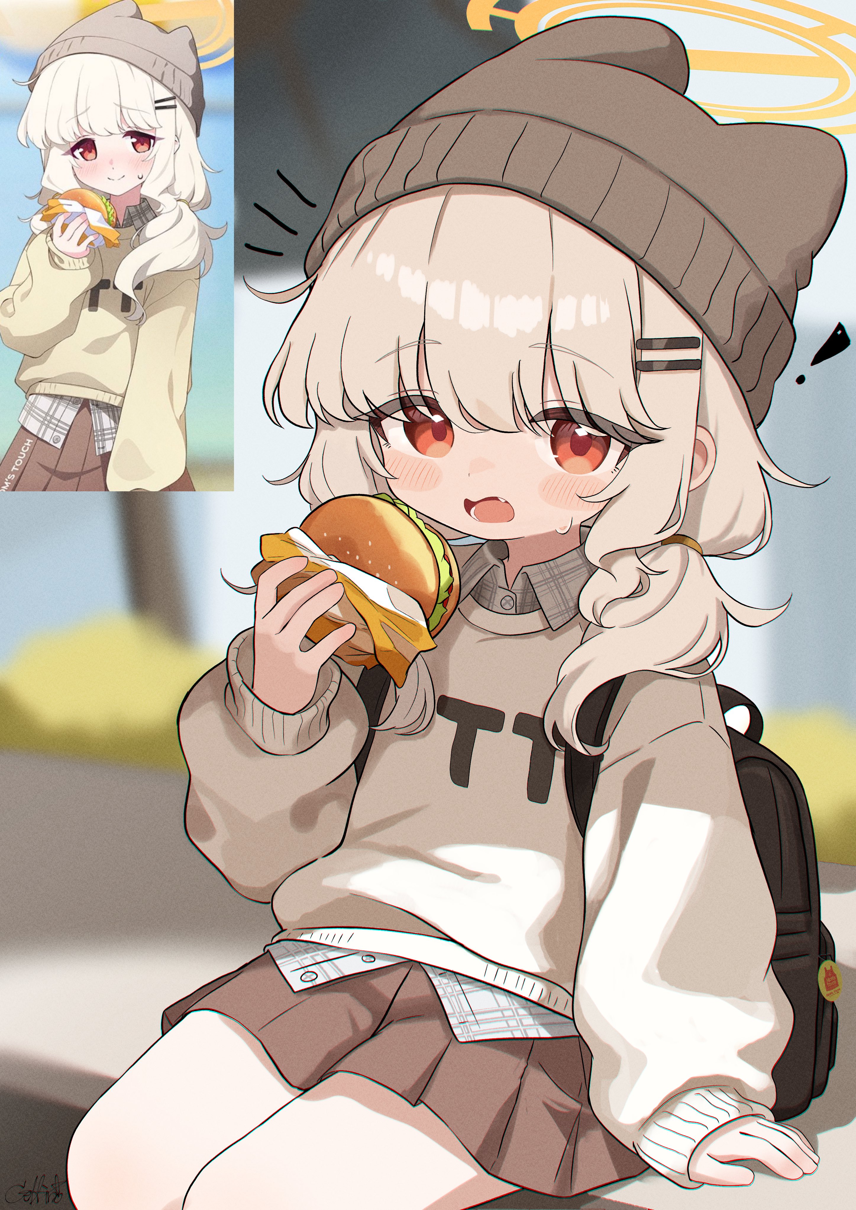 delfino, aoba (blue archive), aoba (mom's touch) (blue archive), blue archive, absurdres, commentary, highres, symbol-only commentary, 1girl, backpack, bag, blush, brown skirt, collared shirt, food, hair ornament, hairclip, halo, hat, holding, holding food, long sleeves, official alternate costume, pleated skirt, red eyes, reference inset, shirt, skirt