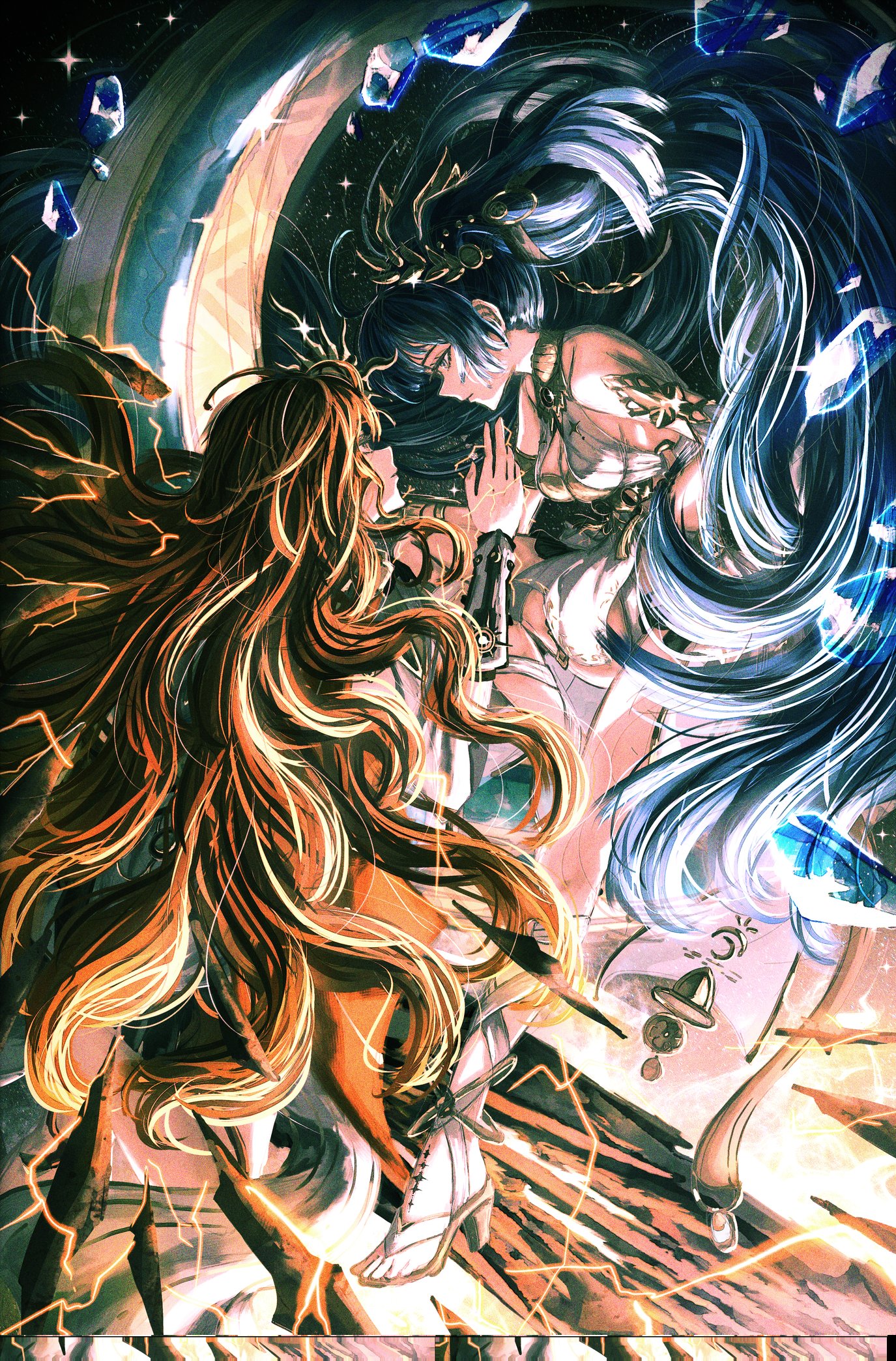 artdroiiid ii, augusta (wuthering waves), iuno (wuthering waves), wuthering waves, commentary, english commentary, highres, 2girls, ancient greek clothes, arm armor, armlet, bare shoulders, blue hair, breasts, cleavage, closed mouth, electricity, eye contact, gold bra, greco-roman clothes, headgear, high heel sandals, jewelry, laurel crown, long hair, looking at another, medium breasts, multiple girls, orange eyes, orange hair, profile, sandals, tacet mark (wuthering waves), very long hair