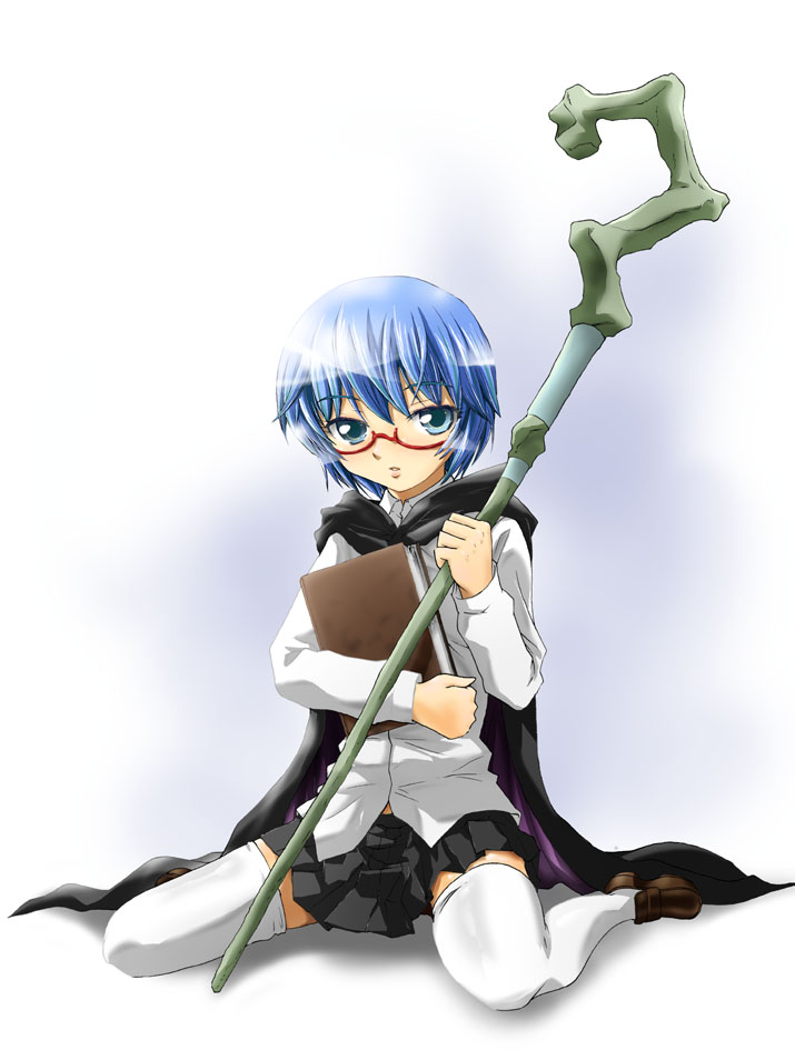 naruse, tabitha (zero no tsukaima), zero no tsukaima, 00s, 1girl, blue eyes, blue hair, book, cape, female focus, full body, glasses, kneeling, school uniform, serafuku, shoes, solo, staff, thighhighs, white background, zettai ryouiki