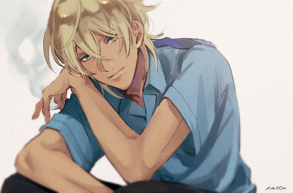 niiboshi reo, sarazanmai, commentary request, 1boy, blonde hair, blue shirt, closed mouth, crossed bangs, green eyes, looking at viewer, male focus, shaaark rotta03, shirt, short hair, short sleeves, signature, simple background, sitting, smoking, solo, upper body, white background