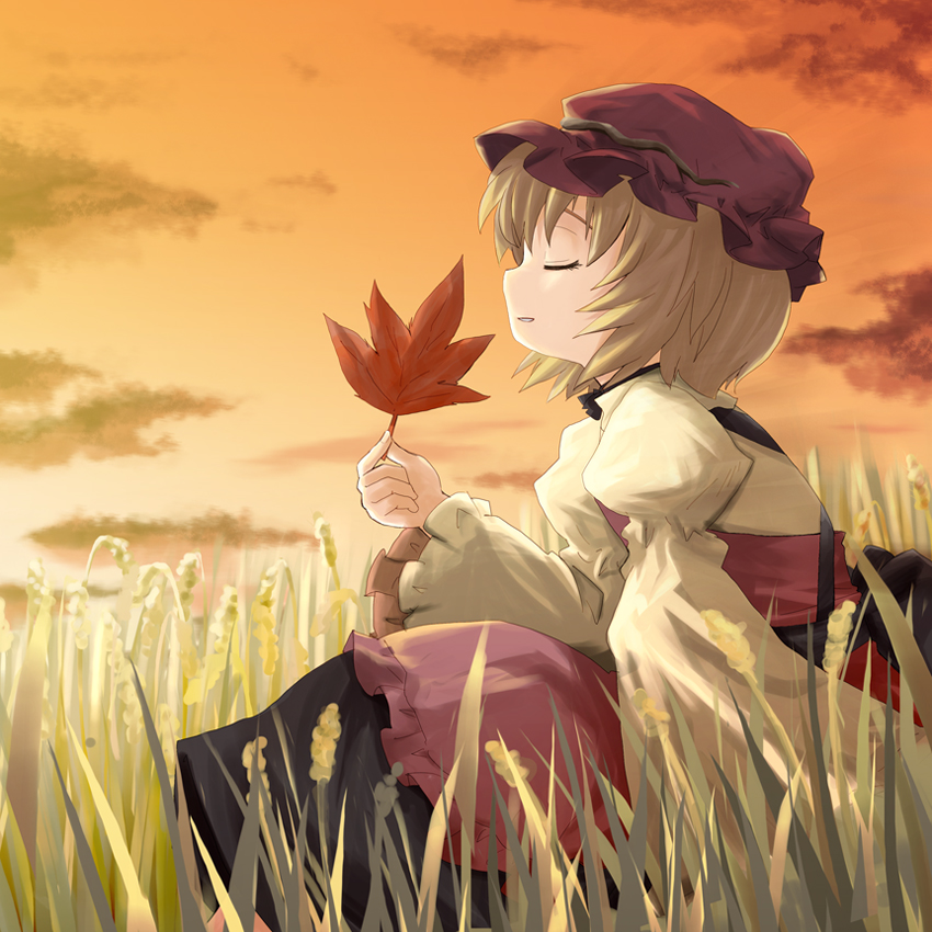 haniwa, haniwa (leaf garden), aki minoriko, touhou, 1girl, autumn leaves, blonde hair, closed eyes, dress, female focus, hat, leaf, mob cap, profile, red hat, short hair, sitting, solo, sunset, wheat