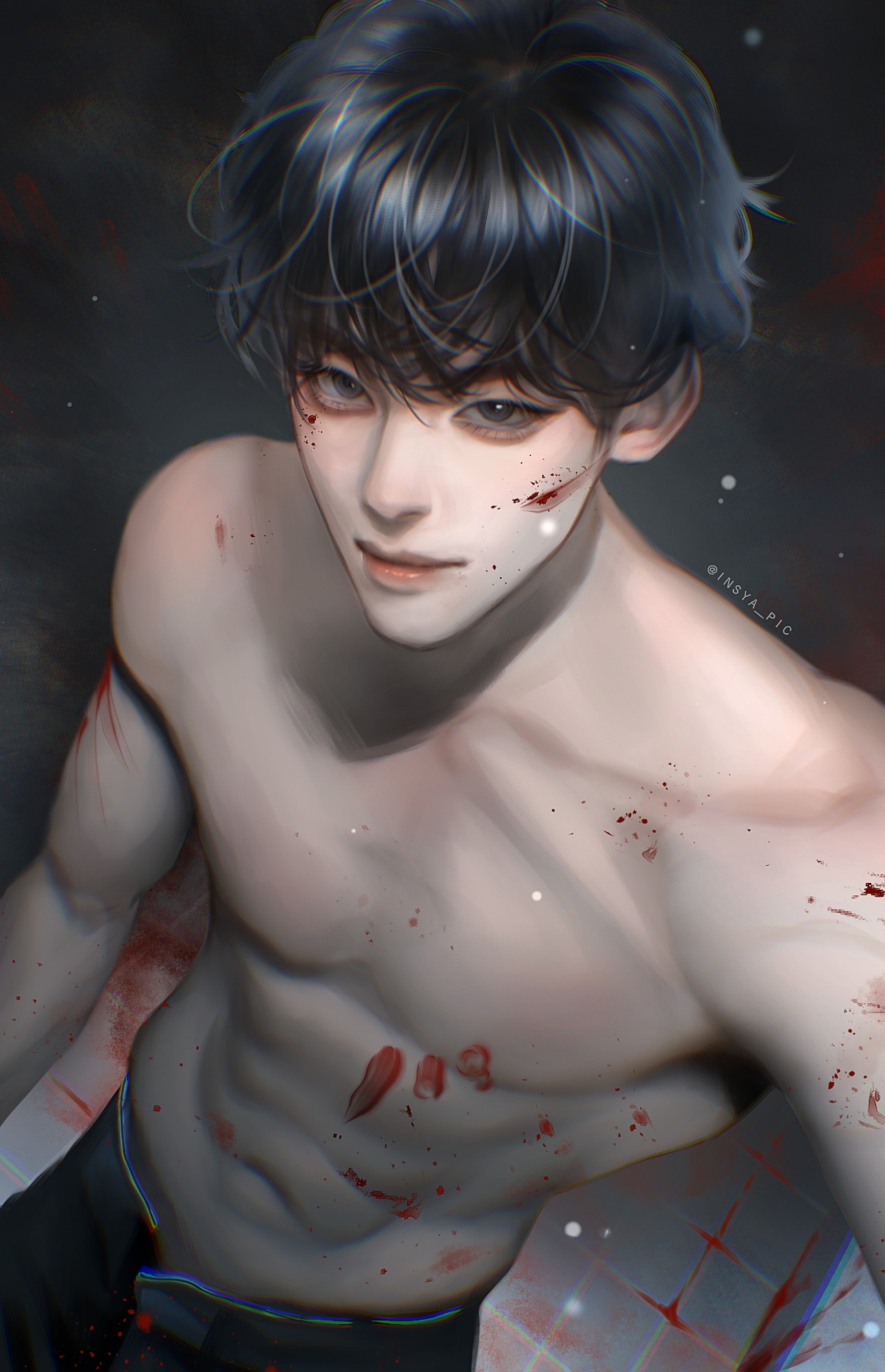 insya pic, original, highres, 1boy, abs, aegyo sal, black eyes, black hair, black pants, blood, blood on body, blood on face, closed mouth, collarbone, eyes visible through hair, from above, grey background, hair over eyes, lips, looking at viewer, male focus, nose, pants, short hair, simple background, solo, toned, toned male, topless male, upper body