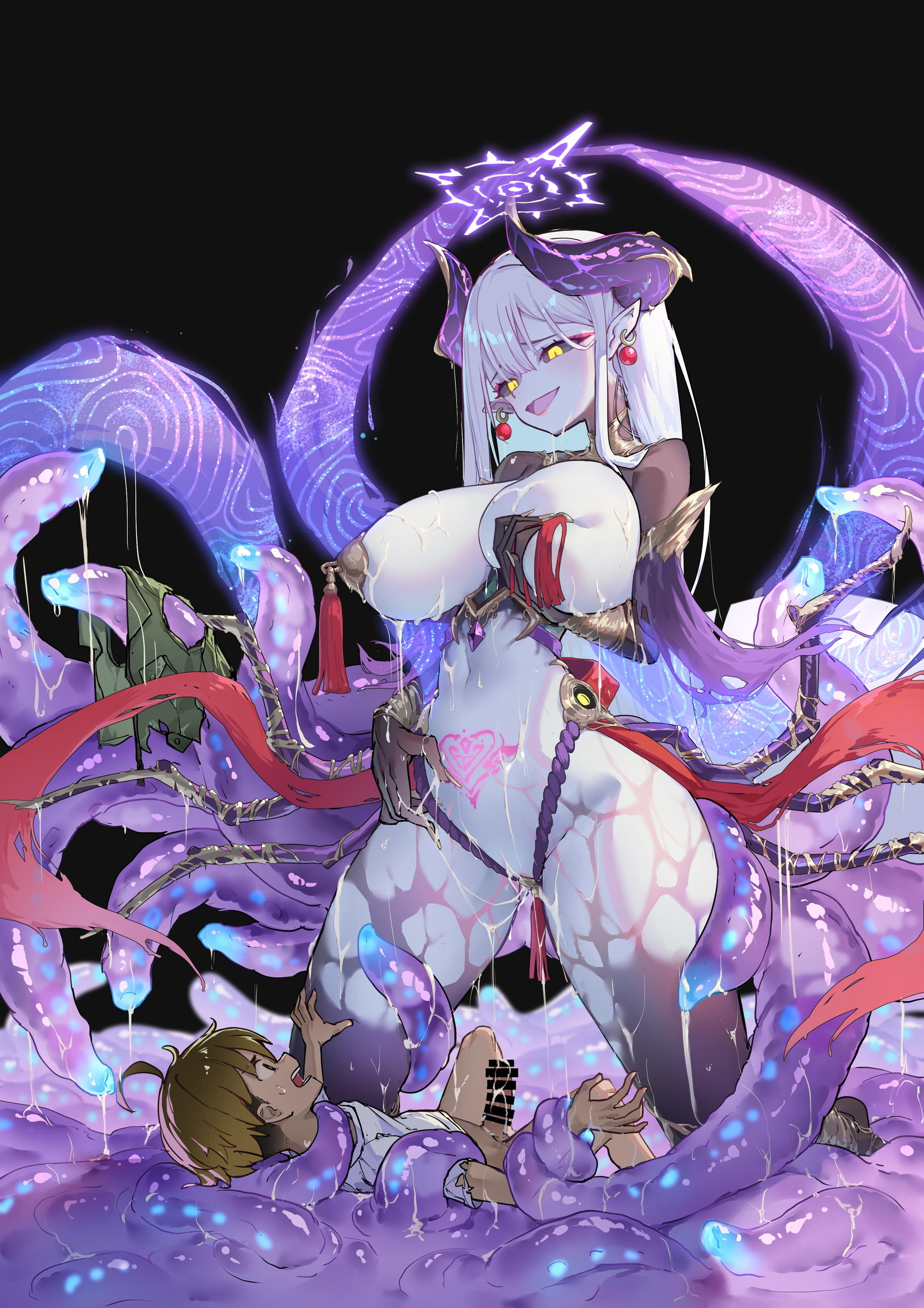 osisio, absurdres, character request, copyright request, highres, 1boy, 1girl, breasts, censored, covered erect nipples, demon horns, earrings, halo, horns, jewelry, large breasts, long hair, open mouth, tattoo, tentacles, torn clothes, white hair, yellow eyes