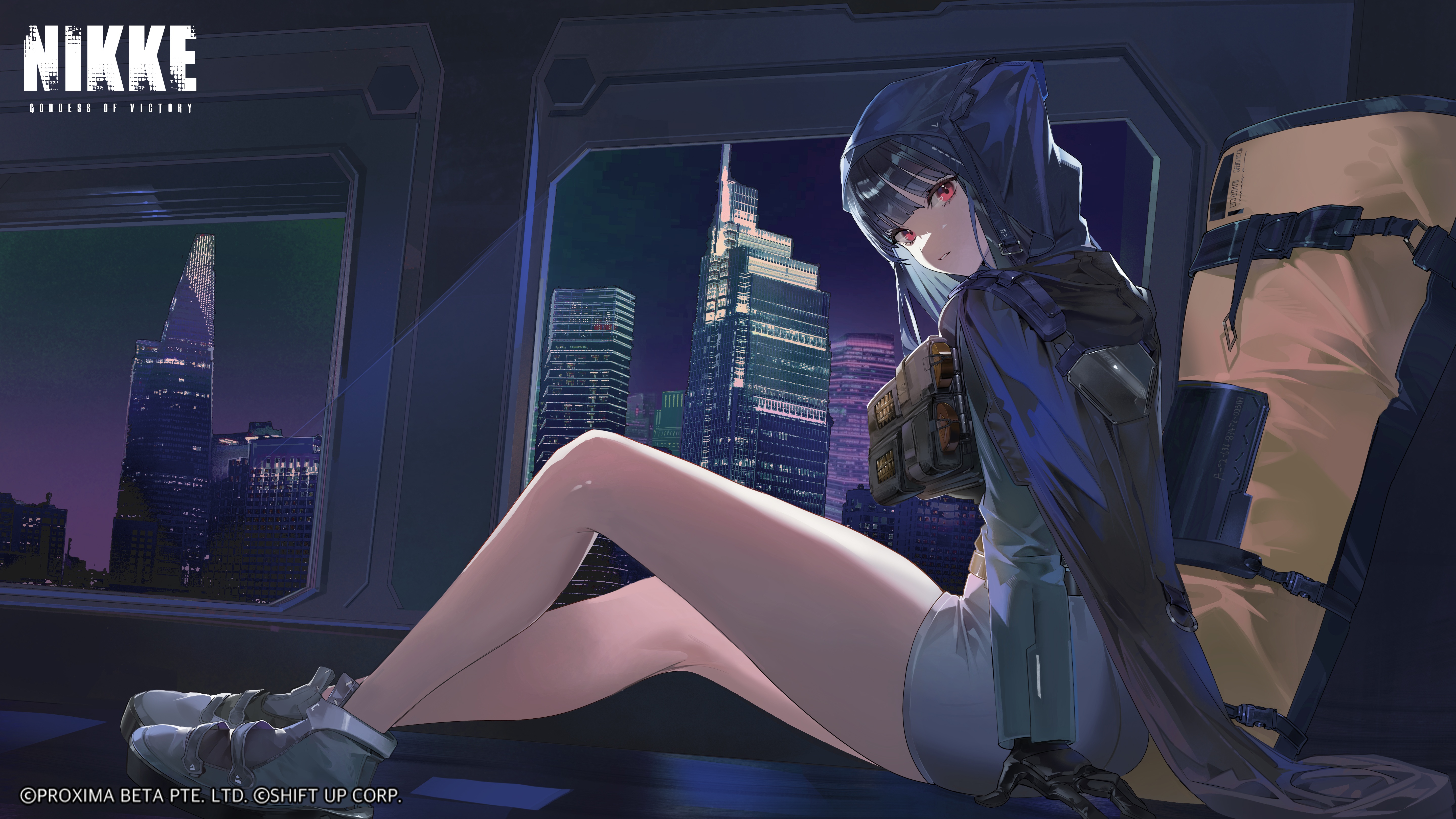 buri (retty9349), d (nikke), goddess of victory: nikke, absurdres, commentary, english commentary, highres, official art, second-party source, 1girl, bag, bare legs, black gloves, black hair, blue jacket, city, copyright name, duffel bag, full body, gloves, grey shoes, grey shorts, hood, hood up, hooded jacket, indoors, jacket, logo, looking at viewer, medium hair, night, parted lips, red eyes, shoes, short shorts, shorts, sitting, solo, taut clothes, taut shorts, watermark, window