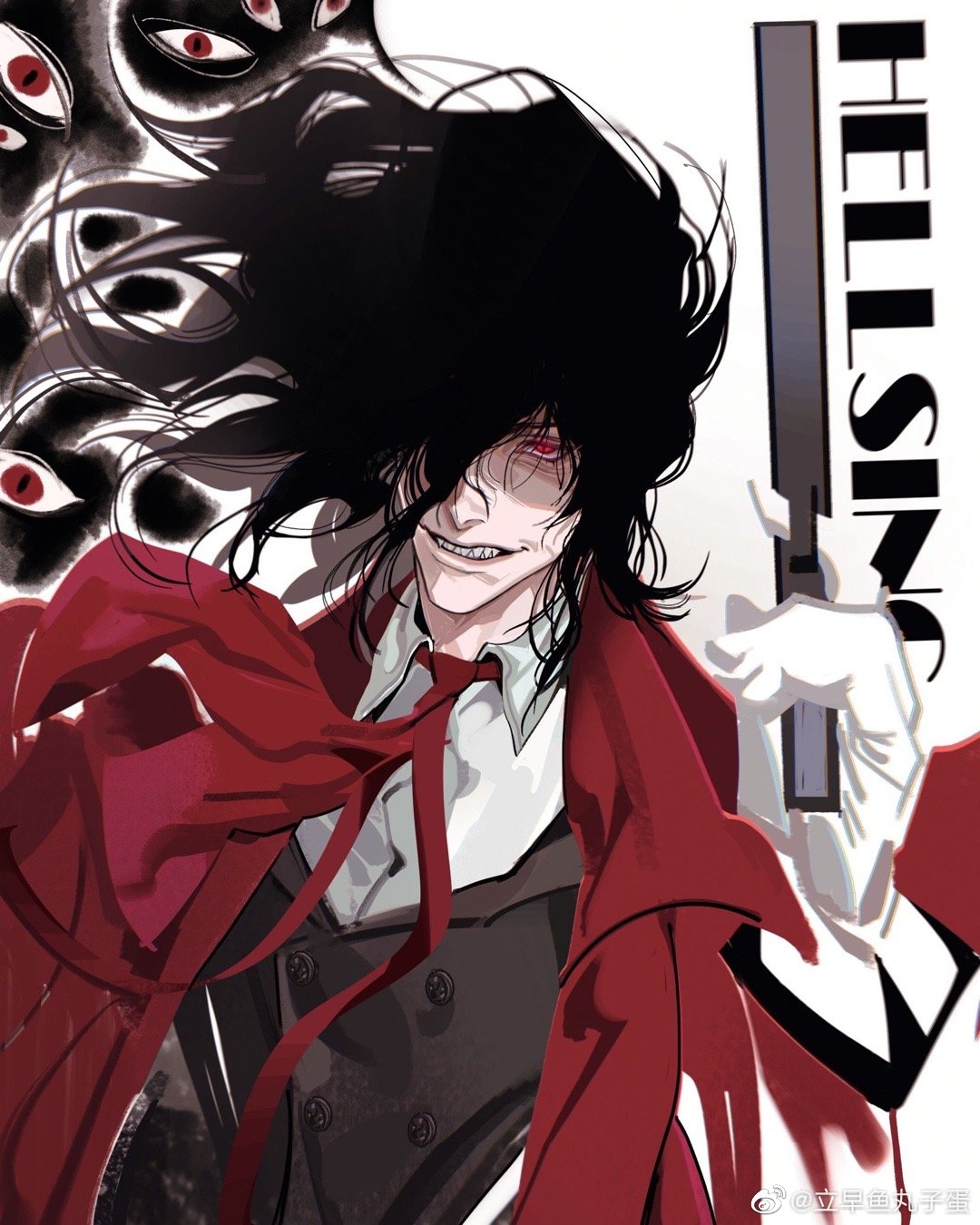 blue octopus12, alucard (hellsing), hellsing, highres, 1boy, black hair, black vest, coat, collared shirt, copyright name, eyeball, gloves, grin, gun, holding, holding gun, holding weapon, long hair, male focus, messy hair, red coat, red eyes, red ribbon, ribbon, sharp teeth, shirt, smile, teeth, upper body, vest, weapon, white gloves, white shirt
