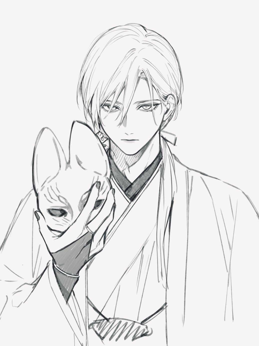 heavyrain dy, fox mask (silent hill), silent hill (series), silent hill f, commentary request, highres, spoilers, 1boy, expressionless, fox mask, greyscale, hair between eyes, japanese clothes, kimono, long hair, looking at viewer, low ponytail, male focus, mask, monochrome, nail polish, ponytail, simple background, sketch, solo, unworn mask, upper body, white background