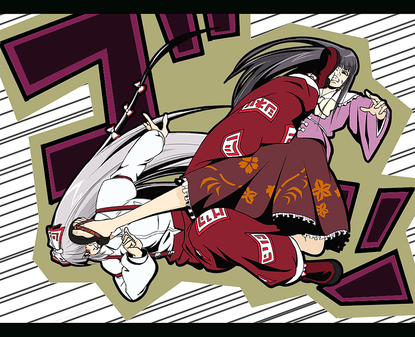 kamakiri (pixiv), fujiwara no mokou, houraisan kaguya, touhou, silver hair, bad id, bad pixiv id, 2girls, battle, black hair, crosscounter, female focus, kicking, long hair, multiple girls, ribbon, rivalry, sandals, zouri