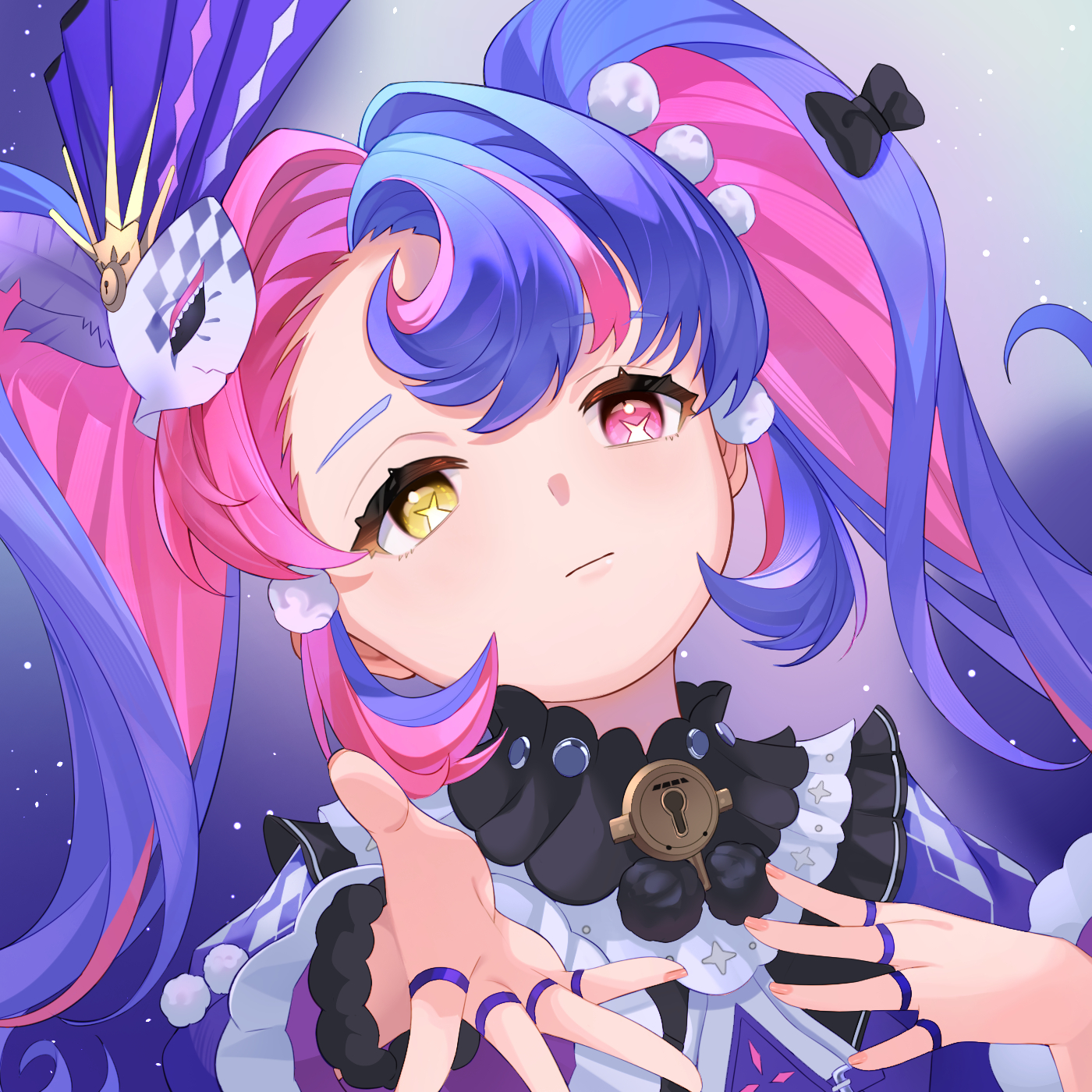 znx xin, roccia (wuthering waves), wuthering waves, highres, 1girl, black bow, black collar, bow, closed mouth, collar, eye mask, fingernails, hair bow, hand on own chest, heterochromia, jewelry, long hair, looking at viewer, mask, mask on head, missing commentary, multicolored hair, multiple rings, offering hand, pink eyes, pink hair, portrait, purple hair, ring, solo, symbol-shaped pupils, twintails, two-tone hair, yellow eyes