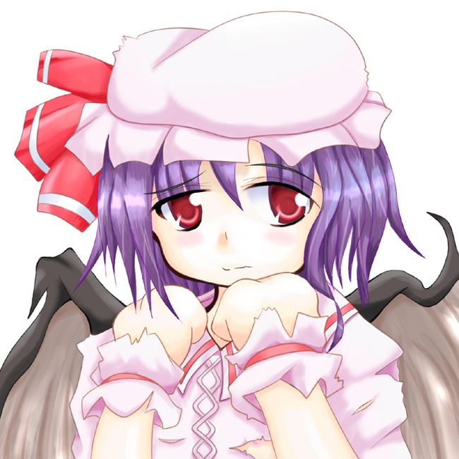 tabako, remilia scarlet, touhou, 1girl, bat wings, blue hair, blush, female focus, hat, red eyes, simple background, solo, upper body, white background, wings