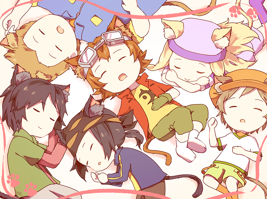 himi tomoki, kanbara takuya, kimura kouichi, minamoto kouji, orimoto izumi, shibayama junpei, digimon, digimon frontier, 1girl, 5boys, animal ears, cat ears, hat, jacket, multiple boys, pixiv user (3435720)