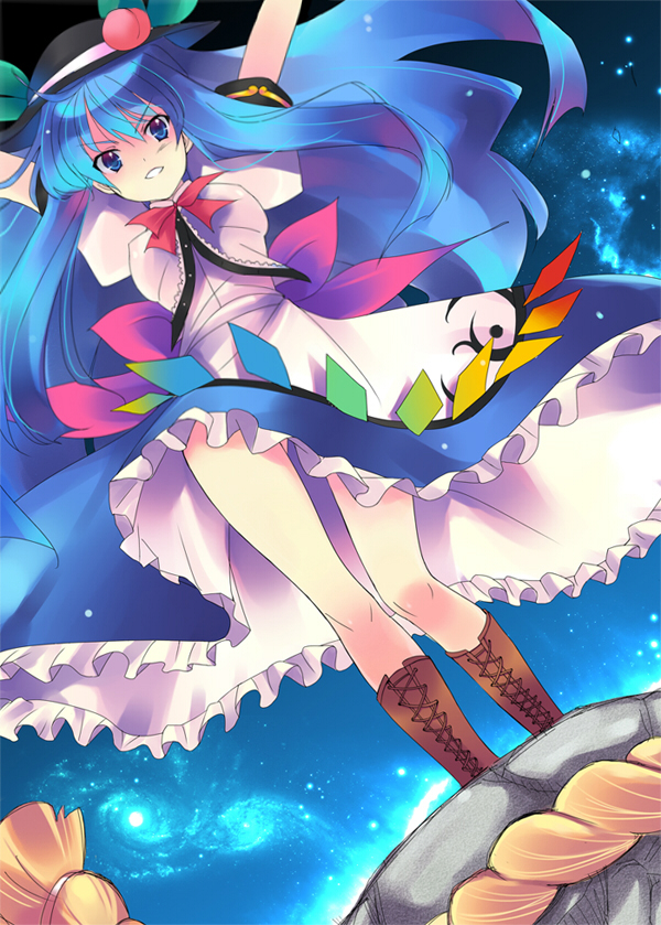 panbai, hinanawi tenshi, touhou, 1girl, blue hair, female focus, food, fruit, hat, kaname-ishi, long hair, peach, ribbon, rope, shimenawa, solo, space