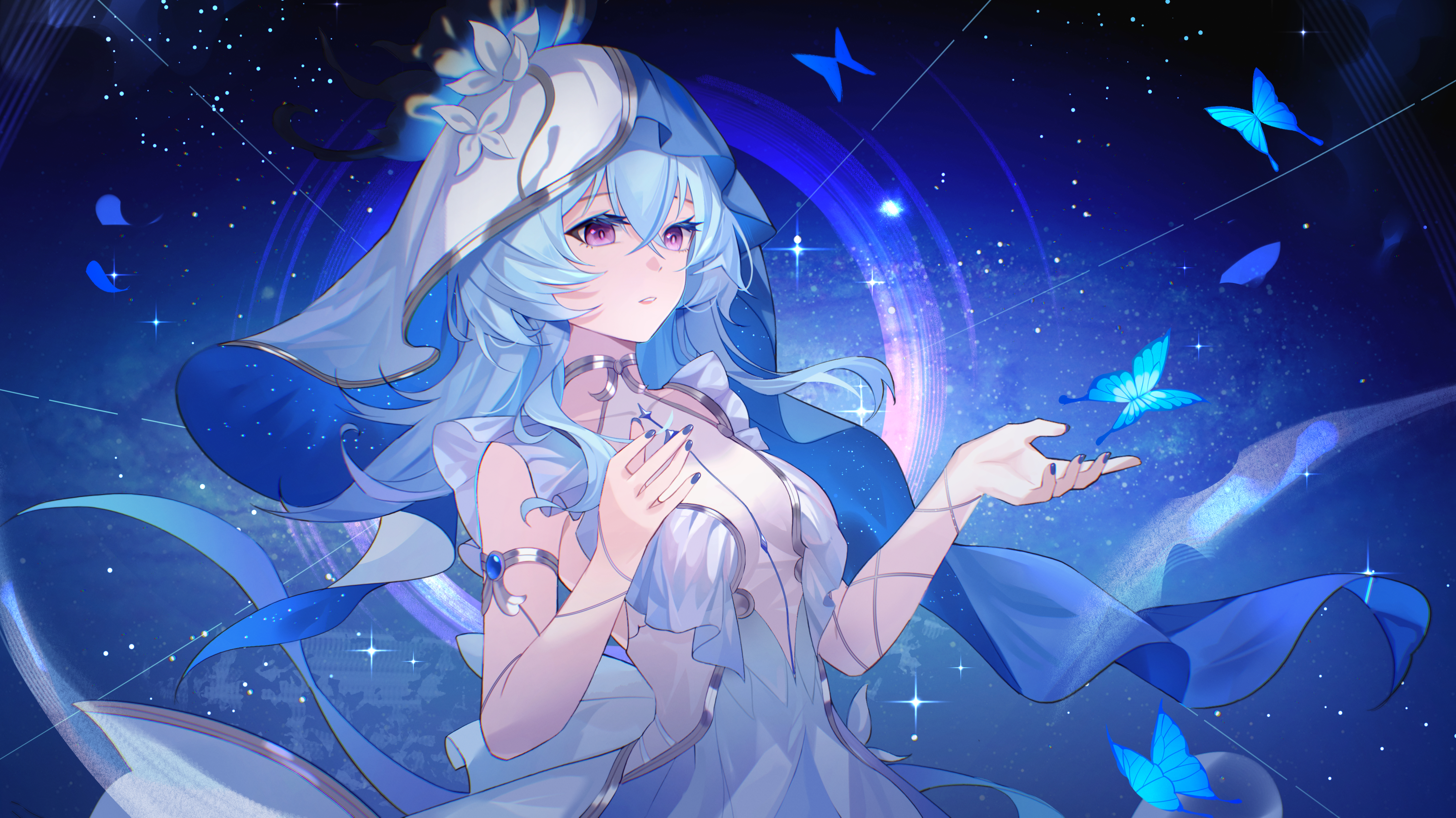 znx xin, shorekeeper (wuthering waves), wuthering waves, absurdres, highres, 1girl, armlet, blue butterfly, blue dress, blue hair, blue nails, blue veil, breasts, bug, butterfly, dress, hair between eyes, hands up, insect, jewelry, long hair, looking at viewer, medium breasts, missing commentary, nail polish, parted lips, purple eyes, sleeveless, sleeveless dress, solo, two-tone veil, upper body, veil, white veil