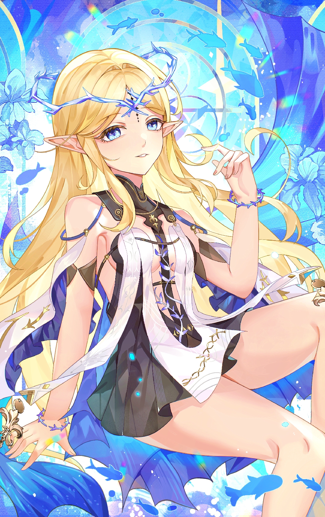 znx xin, cartethyia (wuthering waves), wuthering waves, highres, 1girl, bare shoulders, black collar, black dress, blonde hair, blue eyes, breasts, collar, crown of thorns, dress, feet out of frame, hand up, jewelry, long hair, missing commentary, necklace, parted bangs, parted lips, pointy ears, sidelocks, sitting, small breasts, solo, tacet mark (wuthering waves), tank top, thighs, very long hair, white tank top