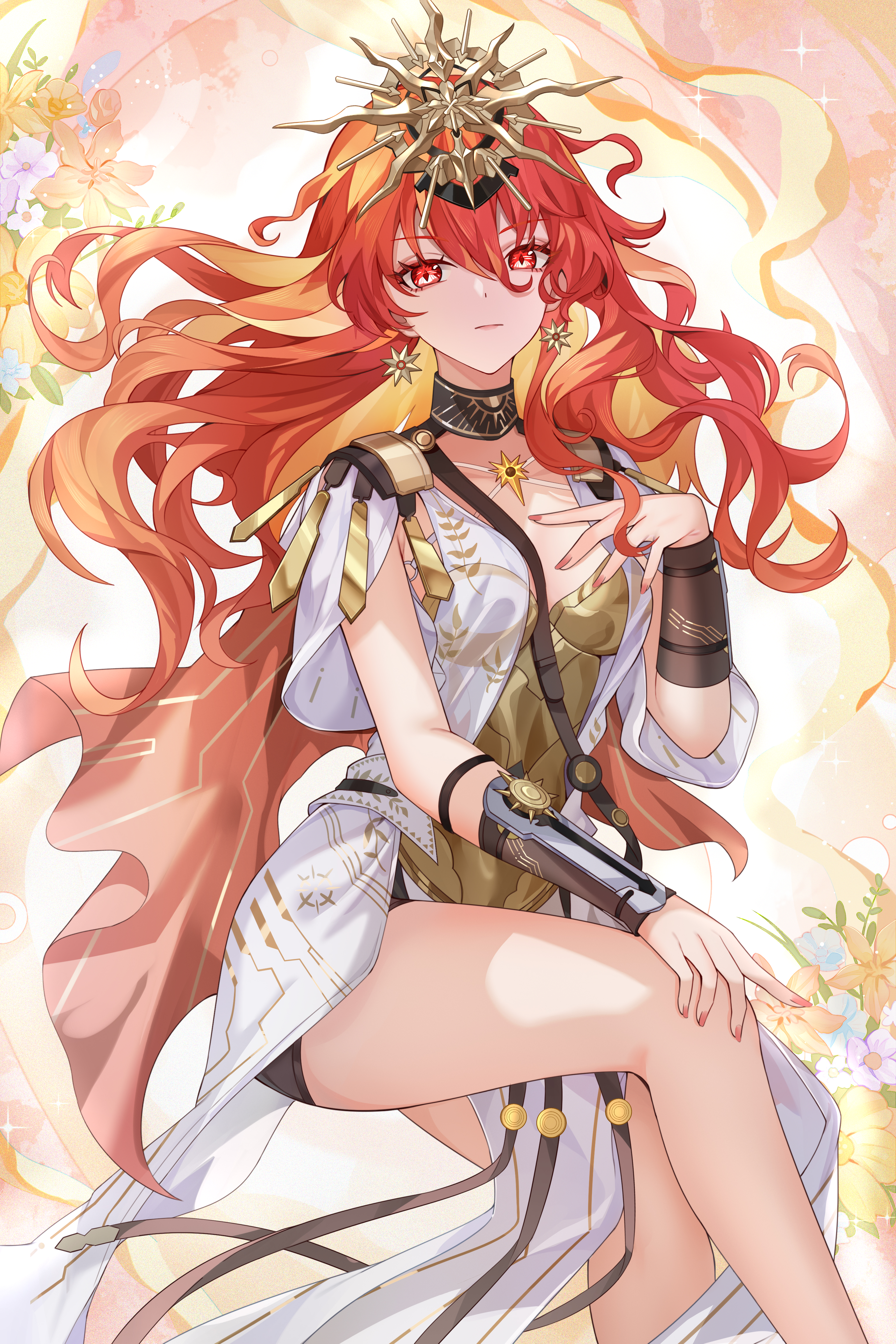 znx xin, augusta (wuthering waves), wuthering waves, absurdres, highres, 1girl, ancient greek clothes, arm armor, armor, black collar, breastplate, breasts, closed mouth, collar, dress, earrings, feet out of frame, fingernails, greco-roman clothes, hair between eyes, headgear, invisible chair, jewelry, long hair, looking at viewer, medium breasts, missing commentary, orange hair, red eyes, sitting, solo, sun earrings, sun necklace, thighs, white dress