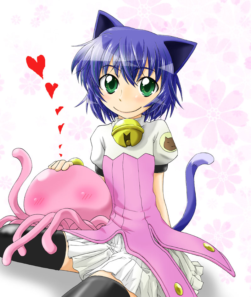 naruse, midarezaki gekka, midarezaki kyouka, kyouran kazoku nikki, 00s, animal ears, bell, blue hair, dress, green eyes, jellyfish, mother and daughter, smile, tail, thighhighs, two-tone dress, zettai ryouiki