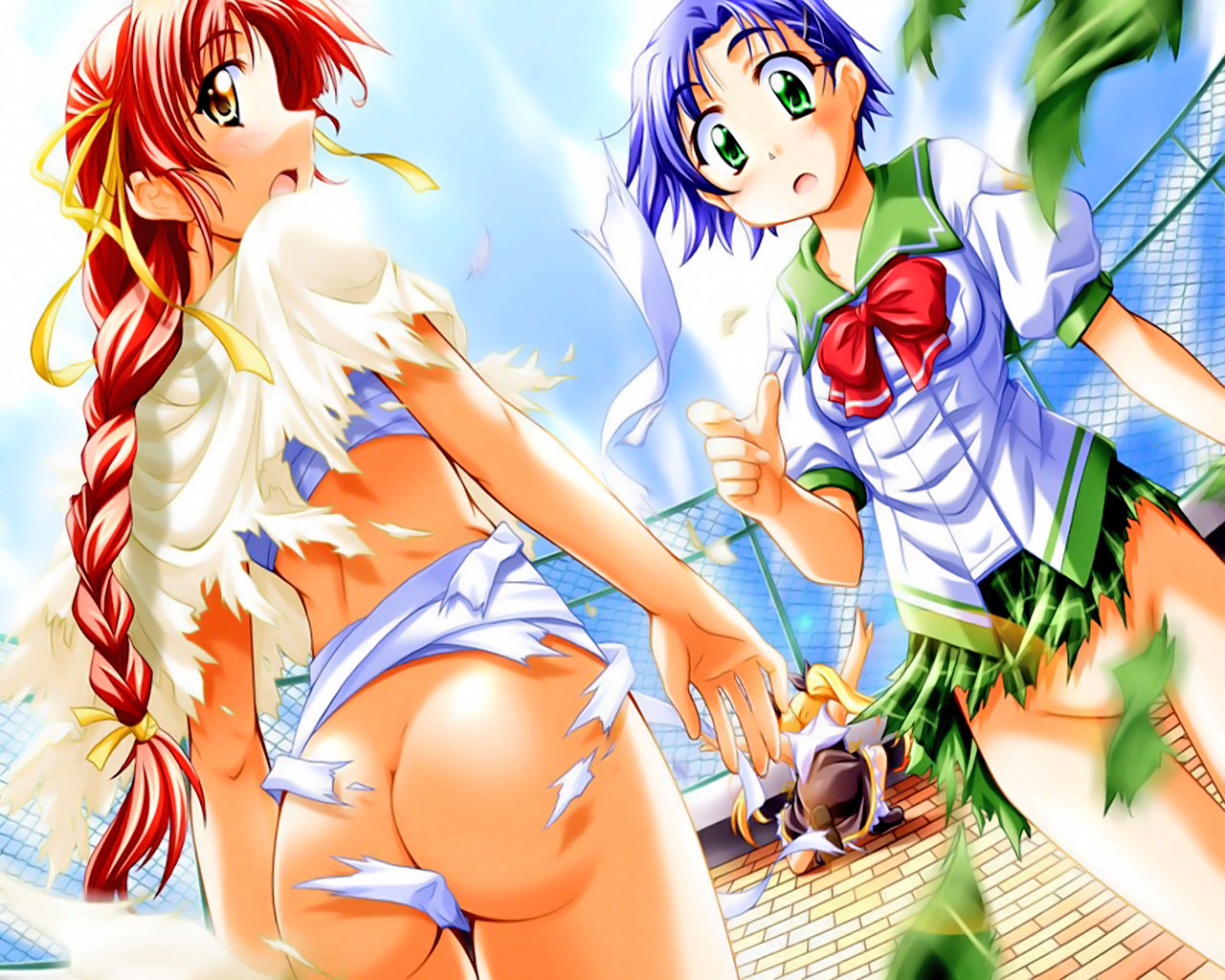 takeya masami, kurahashi matomo, silvia silvern, tachibana hibiki, tachibana hibiki (onegai ohoshisama), onegai ohoshisama, 3girls, ass, blush, bottomless, bow, braid, censored, convenient censoring, finishing move, fisheye, hair ribbon, multiple girls, ribbon, rooftop, school uniform, serafuku, skirt, tearing clothes, torn clothes, torn skirt, twintails