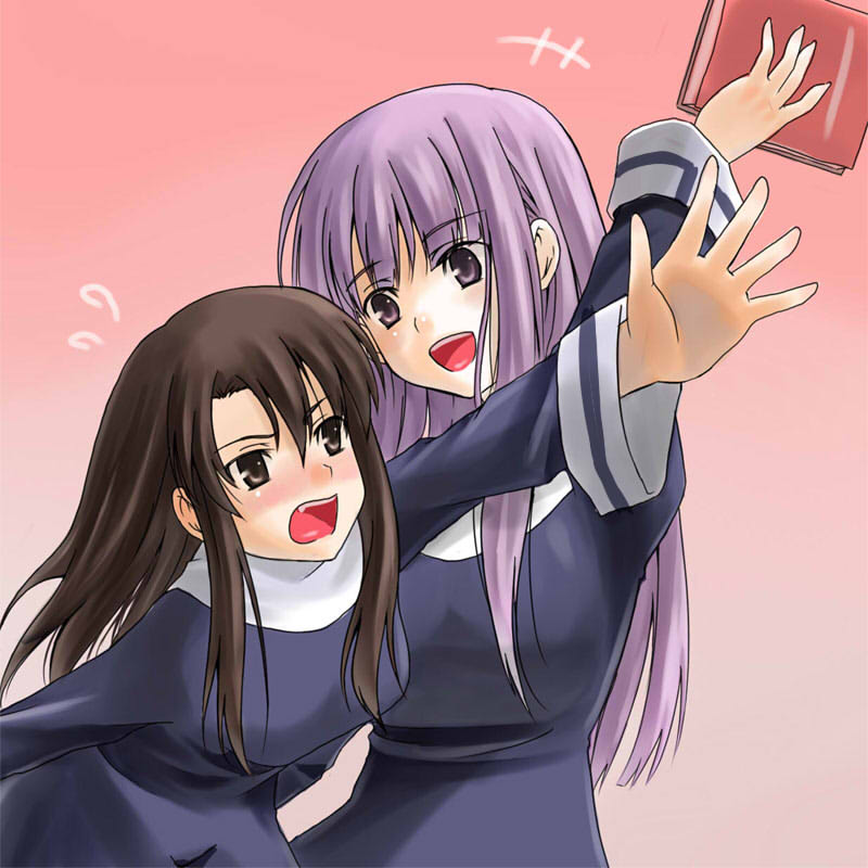 higeno shinshi, asagami fujino, kokutou azaka, kara no kyoukai, 2girls, blush, book, diary, female focus, gradient background, long hair, multiple girls, reien girl's academy school uniform, school uniform, serafuku, standing