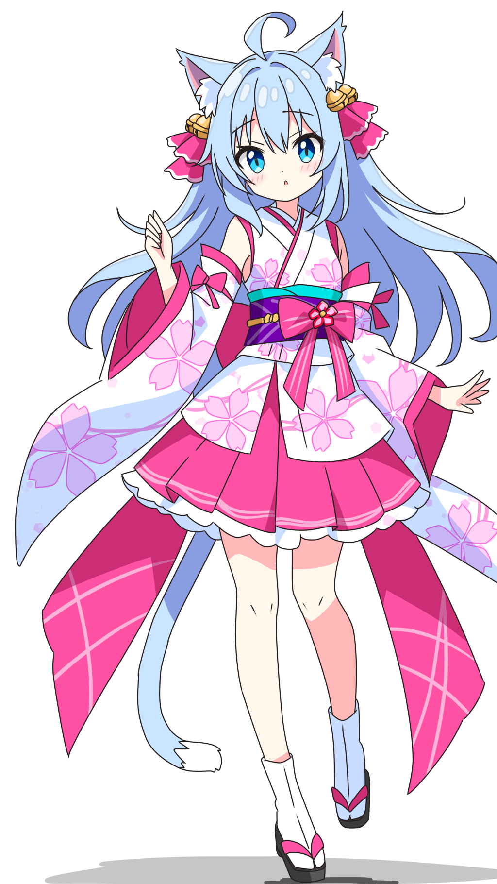 kotatsu-mazoku, original, commentary request, highres, 1girl, ahoge, animal ear fluff, animal ears, bare shoulders, bell, black sandals, blue eyes, blue hair, blush, cat ears, cat girl, cat tail, detached sleeves, dot nose, floral print, floral print kimono, full body, hair bell, hair ornament, japanese clothes, jingle bell, kimono, kimono cat girl (kotatsu-mazoku), long hair, long sleeves, looking at viewer, obi, okobo, open mouth, pink skirt, platform sandals, pleated skirt, print kimono, print sleeves, purple sash, sandals, sash, simple background, skirt, sleeveless, sleeveless kimono, socks, solo, standing, tabi, tail, white background, white kimono, white sleeves, white socks, wide sleeves