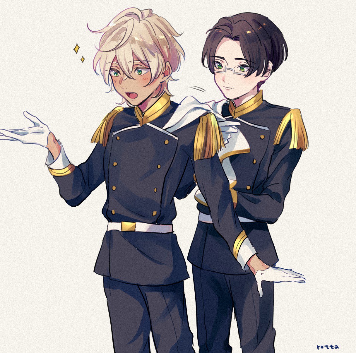 akutsu mabu, niiboshi reo, sarazanmai, highres, 2boys, belt, black jacket, black pants, blonde hair, brown hair, epaulettes, gloves, green eyes, jacket, long sleeves, male focus, military uniform, multiple boys, open mouth, pants, rectangular eyewear, shaaark rotta03, sharp teeth, short hair, simple background, sparkle, teeth, white background, white belt, white gloves