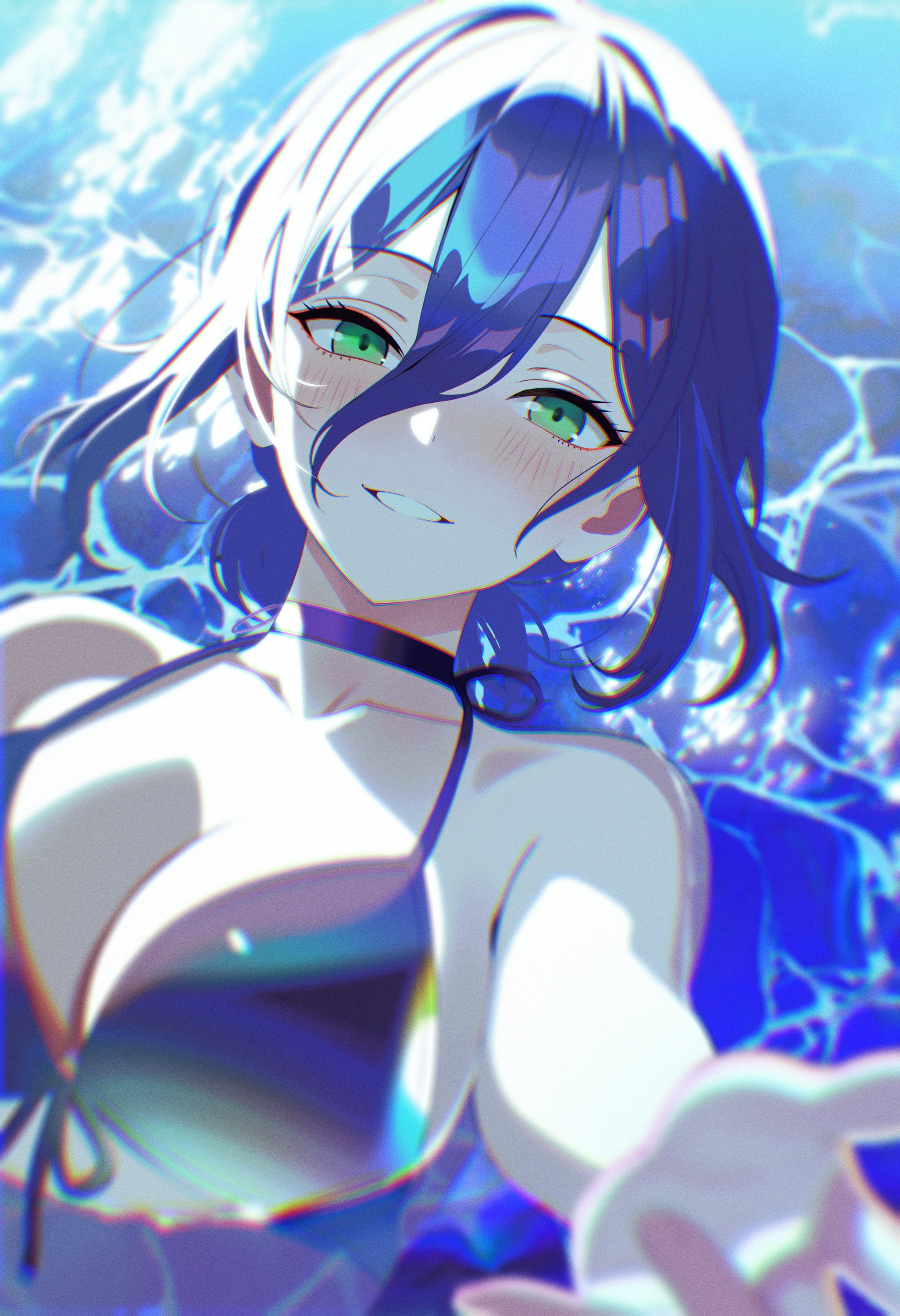 motsunuki, reze (chainsaw man), chainsaw man, absurdres, commentary, highres, 1girl, arm out of frame, arm up, bikini, blurry, blurry foreground, blush, breasts, caustics, choker, depth of field, from above, green eyes, hair between eyes, halterneck, large breasts, long hair, looking at viewer, outstretched arm, parted lips, partially submerged, purple bikini, purple choker, purple hair, smile, solo, swimsuit, upper body, water