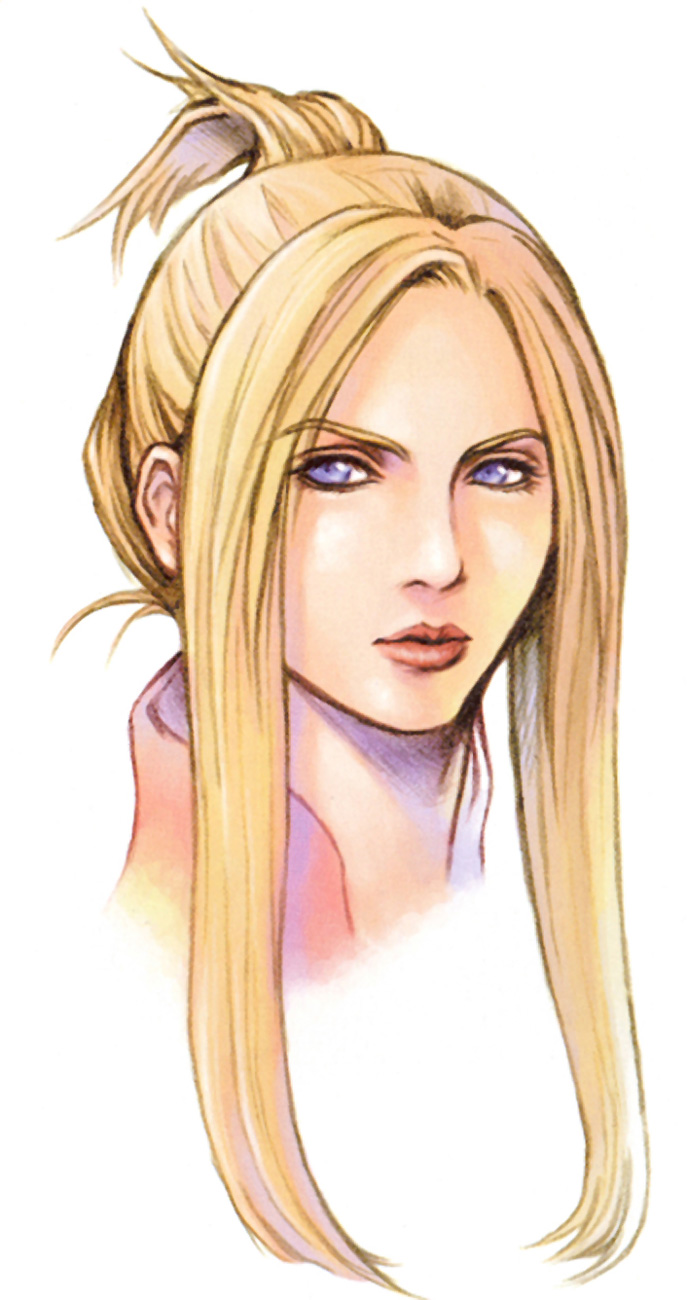 nomura tetsuya, quistis trepe, final fantasy, final fantasy viii, highres, official art, 1990s (style), 1girl, blonde hair, blue eyes, female focus, portrait, retro artstyle, solo
