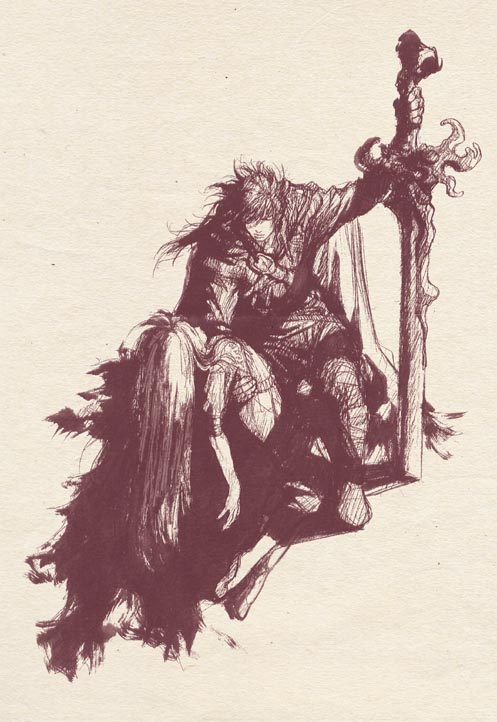 kita senri, 1boy, 1girl, cape, long hair, monochrome, purple theme, sword, weapon