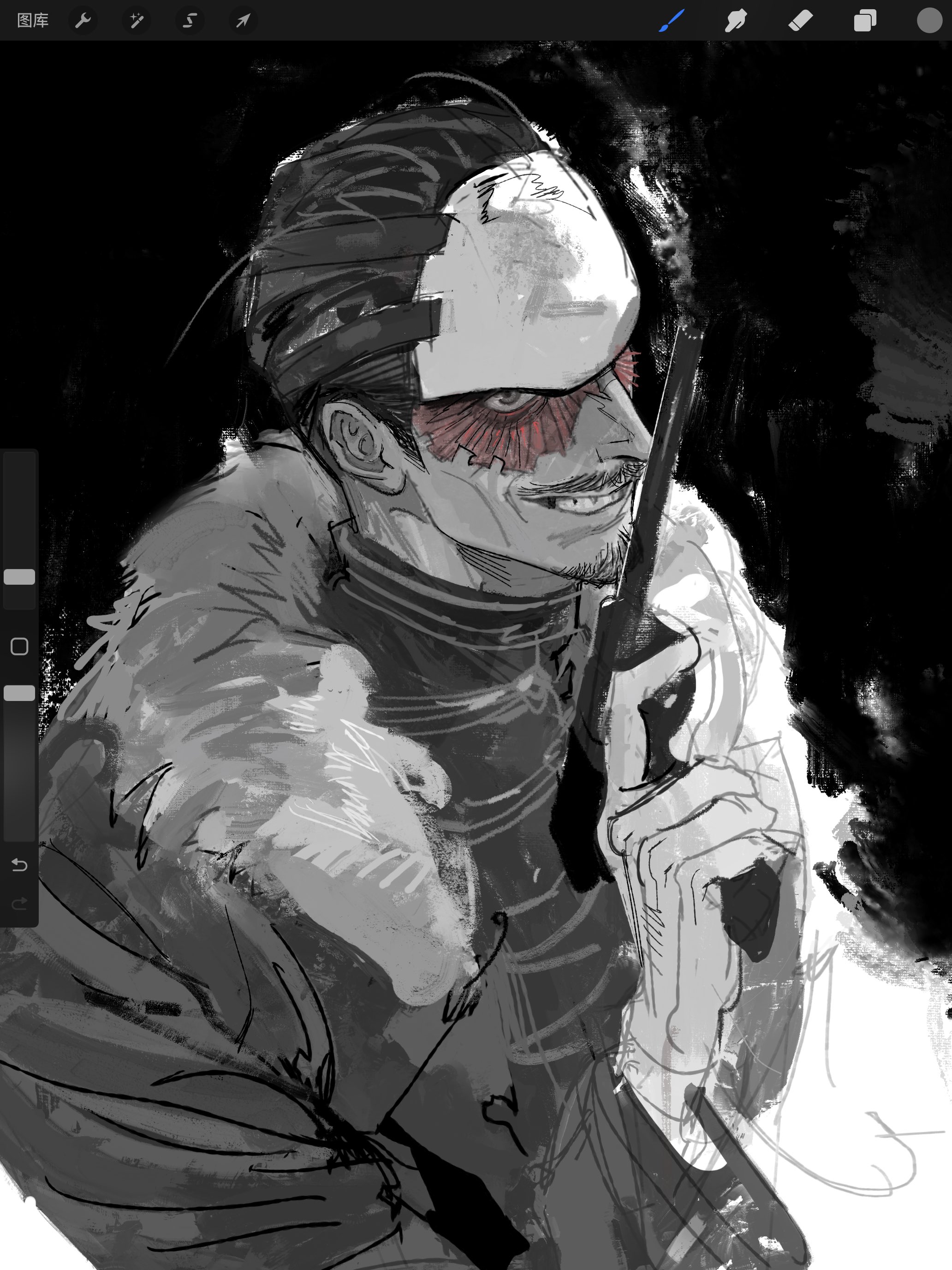 blue octopus12, tsurumi tokushirou, golden kamuy, absurdres, commentary request, highres, 1boy, art program in frame, coat, facial hair, fur-trimmed coat, fur trim, goatee, greyscale, grin, gun, holding, holding gun, holding weapon, long sleeves, looking at viewer, male focus, mask, monochrome, mustache, scar, scar on face, short hair, sideburns, smile, solo, spot color, upper body, weapon