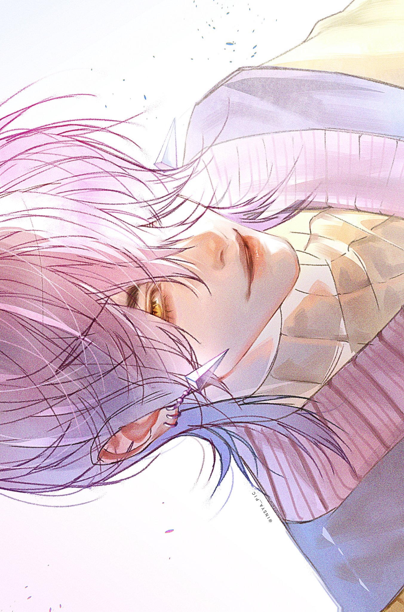 insya pic, mystery (kpop demon hunters), kpop demon hunters, highres, aegyo sal, animal ears, earrings, hair over one eye, hoop earrings, jewelry, long hair, long sleeves, looking at viewer, nose, parted lips, portrait, purple hair, purple sweater vest, sideways, simple background, slit pupils, sweater, sweater vest, white background, yellow eyes, yellow sweater