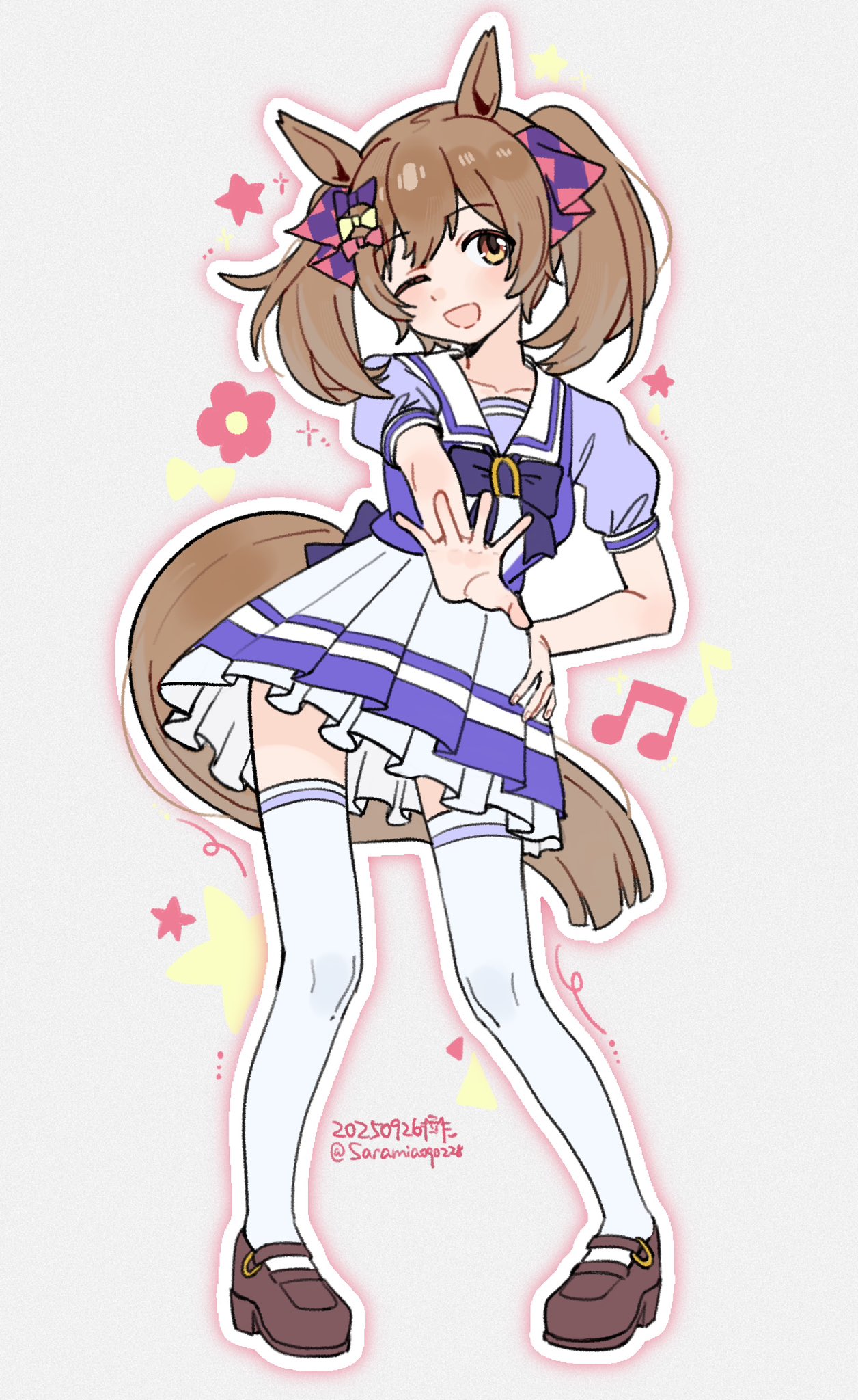 saramiao-chan, smart falcon (umamusume), umamusume, highres, 1girl, animal ears, breasts, brown eyes, brown hair, collarbone, dated, hair between eyes, hair ornament, horse ears, horse girl, horse tail, looking at viewer, medium breasts, medium hair, one eye closed, open mouth, ribbon, school uniform, standing, tail, thighhighs, tracen school uniform, twitter username, white background