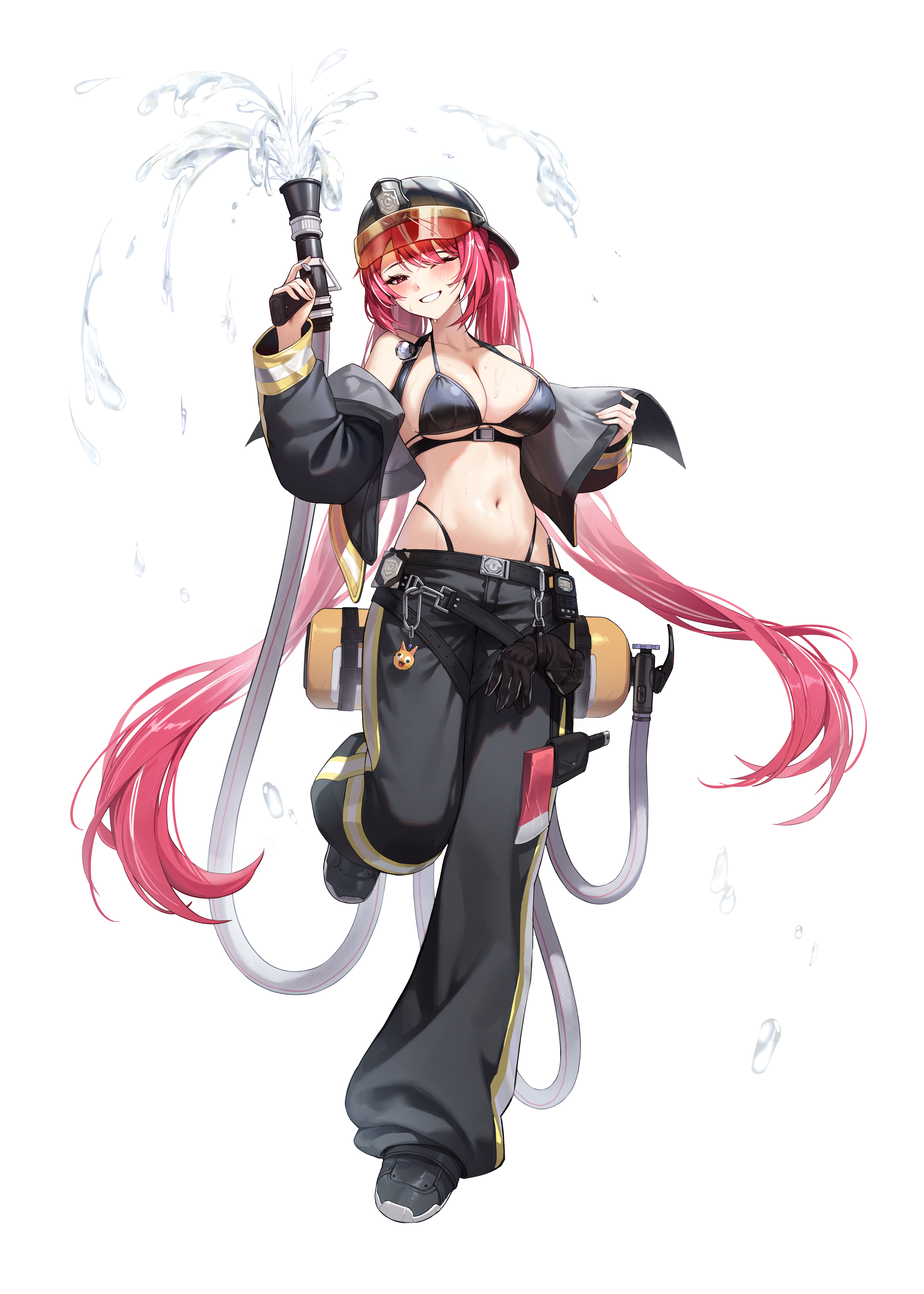 4q (lokcy516), original, absurdres, highres, 1girl, baggy pants, bare shoulders, belt, bikini, black bikini, black hat, black jacket, black pants, black shoes, firefighter helmet, full body, grin, halterneck, hat, highleg, highleg bikini, holding, holding hose, hose, jacket, leg up, long hair, long sleeves, looking at viewer, multicolored hair, navel, off shoulder, one eye closed, open clothes, open jacket, pants, puffy long sleeves, puffy sleeves, red hair, shoes, smile, solo, stomach, streaked hair, string bikini, swimsuit, twintails, very long hair, water, wet