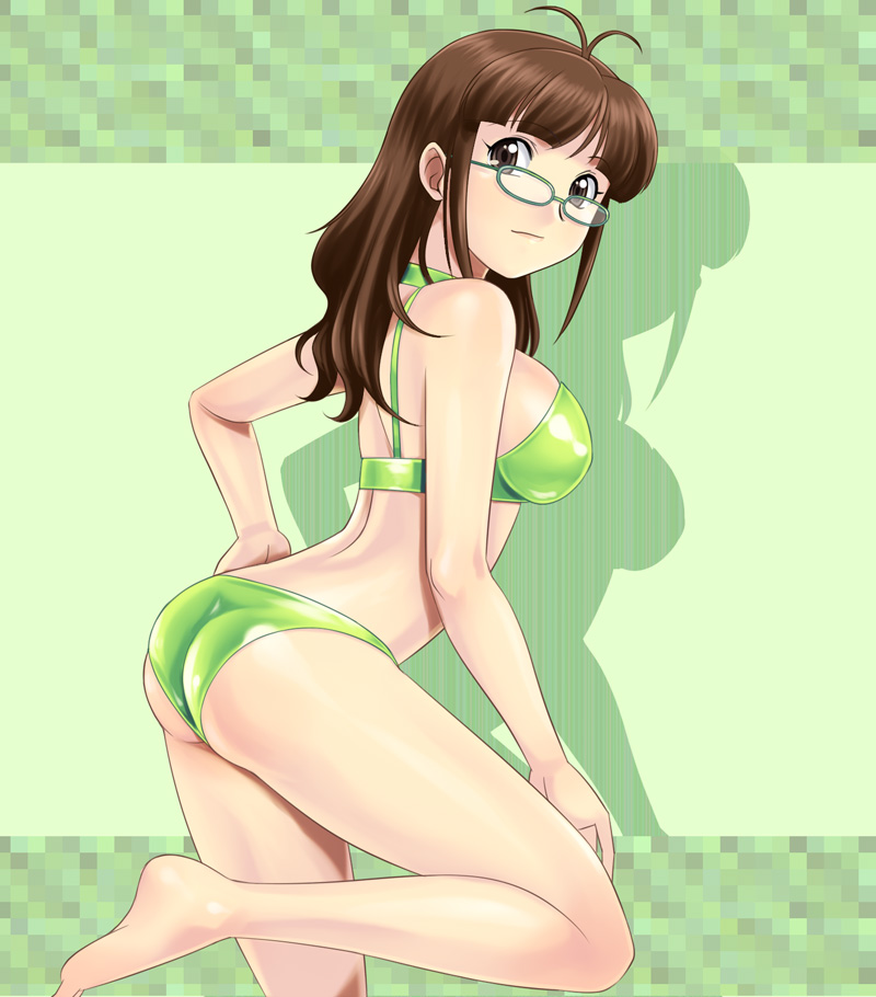 muhi11234, akizuki ritsuko, idolmaster, idolmaster (classic), idolmaster 1, 00s, 1girl, antenna hair, ass, barefoot, bikini, breasts, brown eyes, brown hair, feet, female focus, glasses, long hair, medium breasts, solo, swimsuit