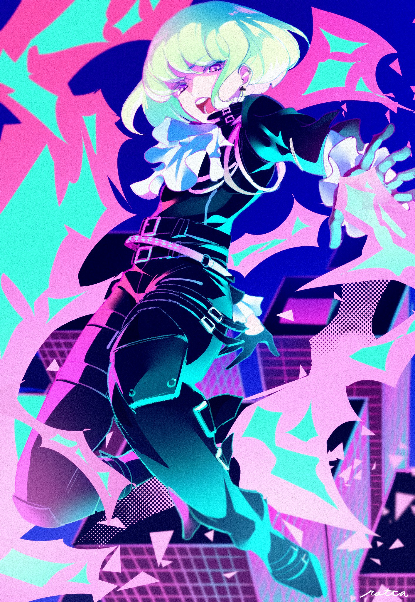 lio fotia, promare, highres, 1boy, ascot, black jacket, black pants, full body, green hair, jacket, long sleeves, looking at viewer, male focus, open mouth, outstretched arm, pants, purple eyes, shaaark rotta03, short hair, solo, white ascot