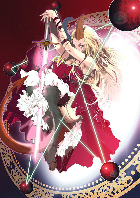 okazuwa shake, darkchylde, illyana rasputin, magik, magik (x-men), marvel, new mutants, x-men, fur, 1girl, animification, blonde hair, dark persona, demon, demon girl, garter straps, hooves, horns, magic circle, monster girl, pentagram, russian text, sorceress supreme, soulsword, stepping disk, sword, tail, teleportation, teleporting, thighhighs, weapon, witch