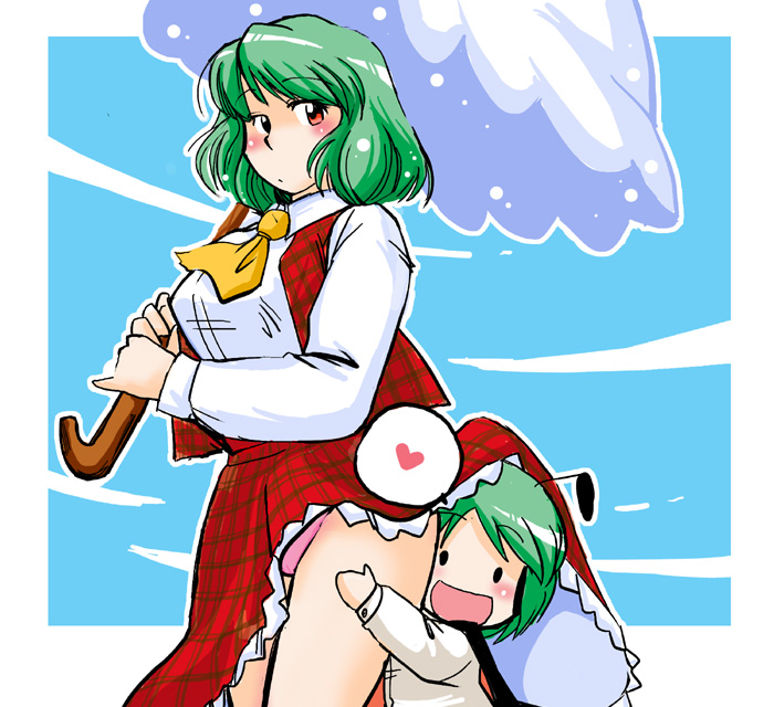 azuki osamitsu, kazami yuuka, wriggle nightbug, touhou, . ., 2girls, :d, antennae, ascot, blush, chibi, clothes lift, female focus, green hair, head on ass, heart, multiple girls, open mouth, panties, parasol, pink panties, plaid clothes, plaid skirt, plaid vest, red eyes, short hair, skirt, skirt lift, skirt set, smile, spoken heart, umbrella, underwear, vest