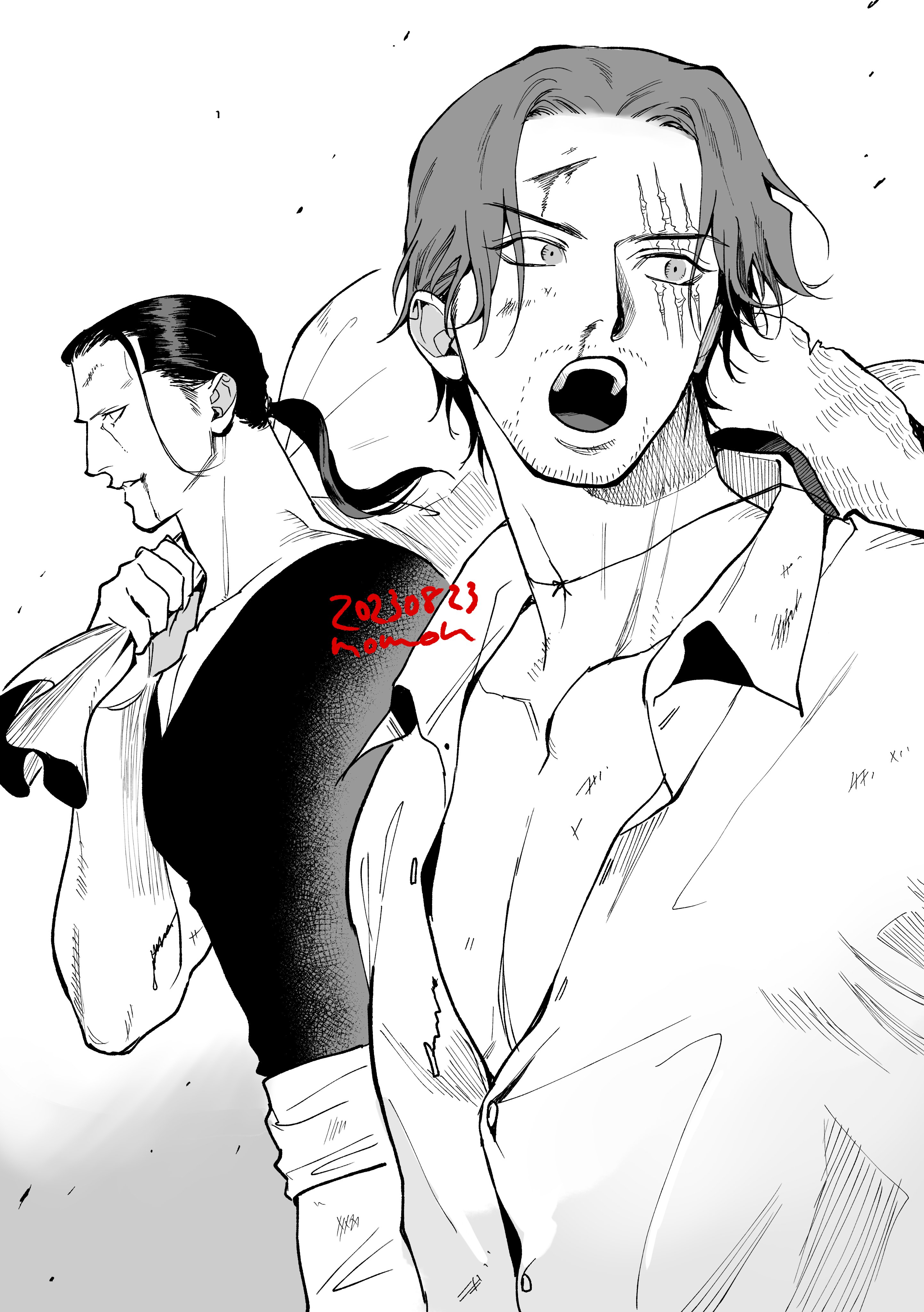 momoh jiyucho, benn beckman, shanks (one piece), one piece, absurdres, commentary request, highres, 2boys, blood, blood from mouth, blood on face, collarbone, dated, greyscale, hat on back, holding, holding sack, male focus, monochrome, multiple boys, open mouth, pectoral cleavage, pectorals, sack, scar, scar across eye, scar on face, simple background, sparse stubble, upper body
