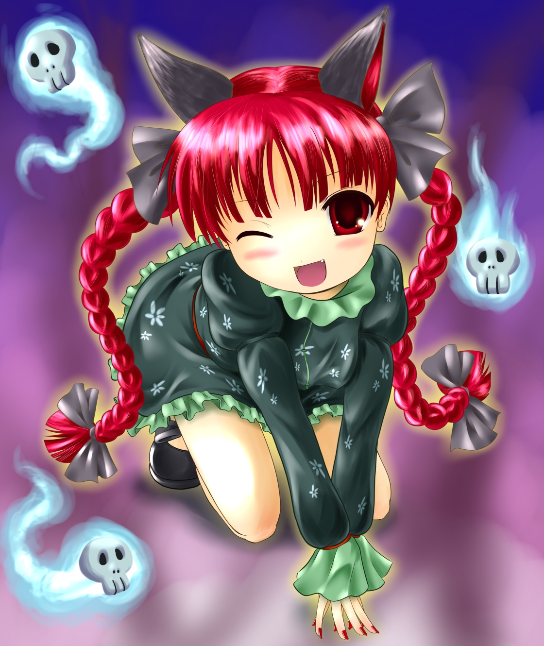 futakabe, kaenbyou rin, touhou, bad id, bad pixiv id, highres, 1girl, all fours, animal ears, braid, cat ears, cat girl, female focus, full body, gradient background, long hair, one eye closed, red hair, skull, solo, twin braids, twintails, wink