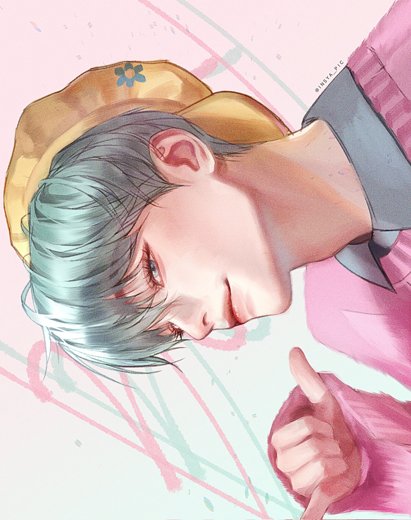 insya pic, baby (kpop demon hunters), kpop demon hunters, highres, adam's apple, aegyo sal, aqua eyes, aqua hair, closed mouth, collared shirt, grey shirt, hat, lips, long sleeves, looking at viewer, pink sweater, portrait, shaka sign, shirt, short hair, sideways, simple background, sweater, yellow hat